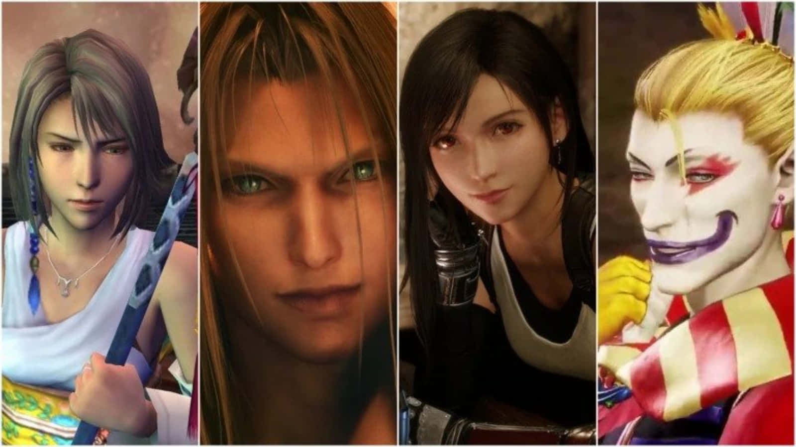 Final Fantasy Characters 桌布 壁紙 — 四個不同的電子遊戲角色，具有獨特的外觀和表情，以電影風格的拼貼呈現。