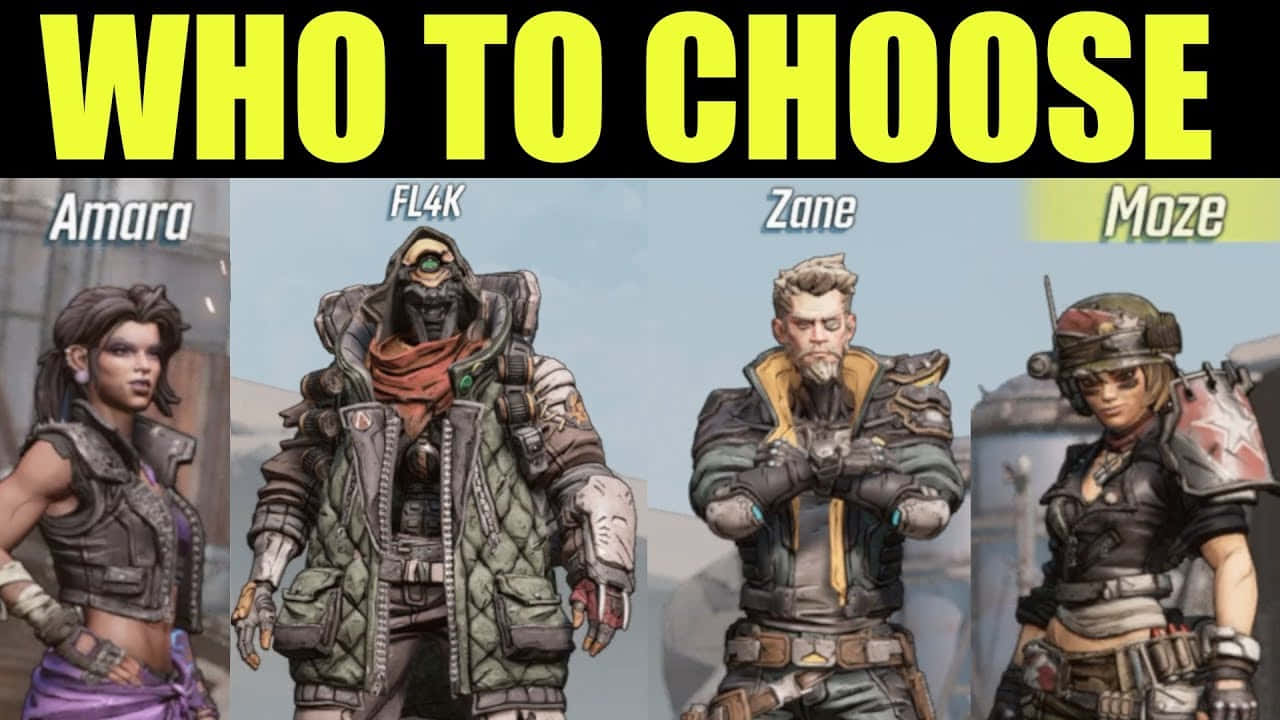 Borderlands Characters 桌布 壁紙 — 四個不同的電子遊戲角色並排站立，上方有粗體黃色文字詢問要選擇誰。