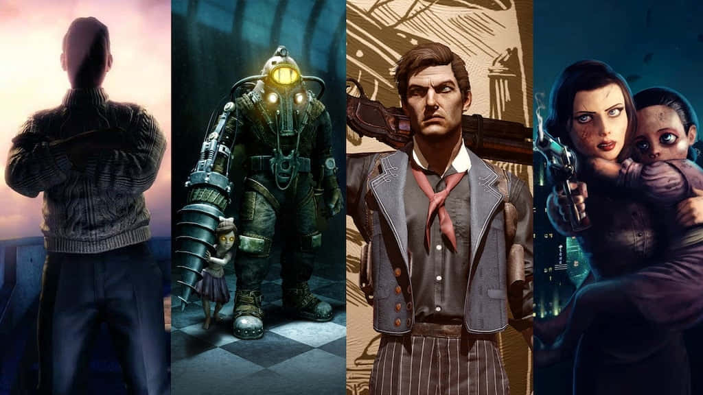 Bioshock Characters 桌布 壁紙 — 四個不同的電子遊戲角色以戲劇性的姿勢呈現：一個面向日落的男人、一個帶有孩子的生物力學套裝、一個穿著風衣的男人，以及一個抱著孩子並持槍的女人。