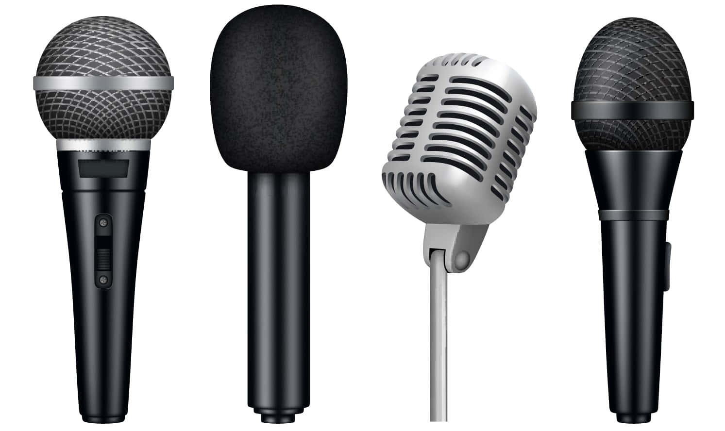 Microphones 桌布 壁紙 — 四個不同的麥克風，包括復古和現代設計，孤立在乾淨的白色背景上。