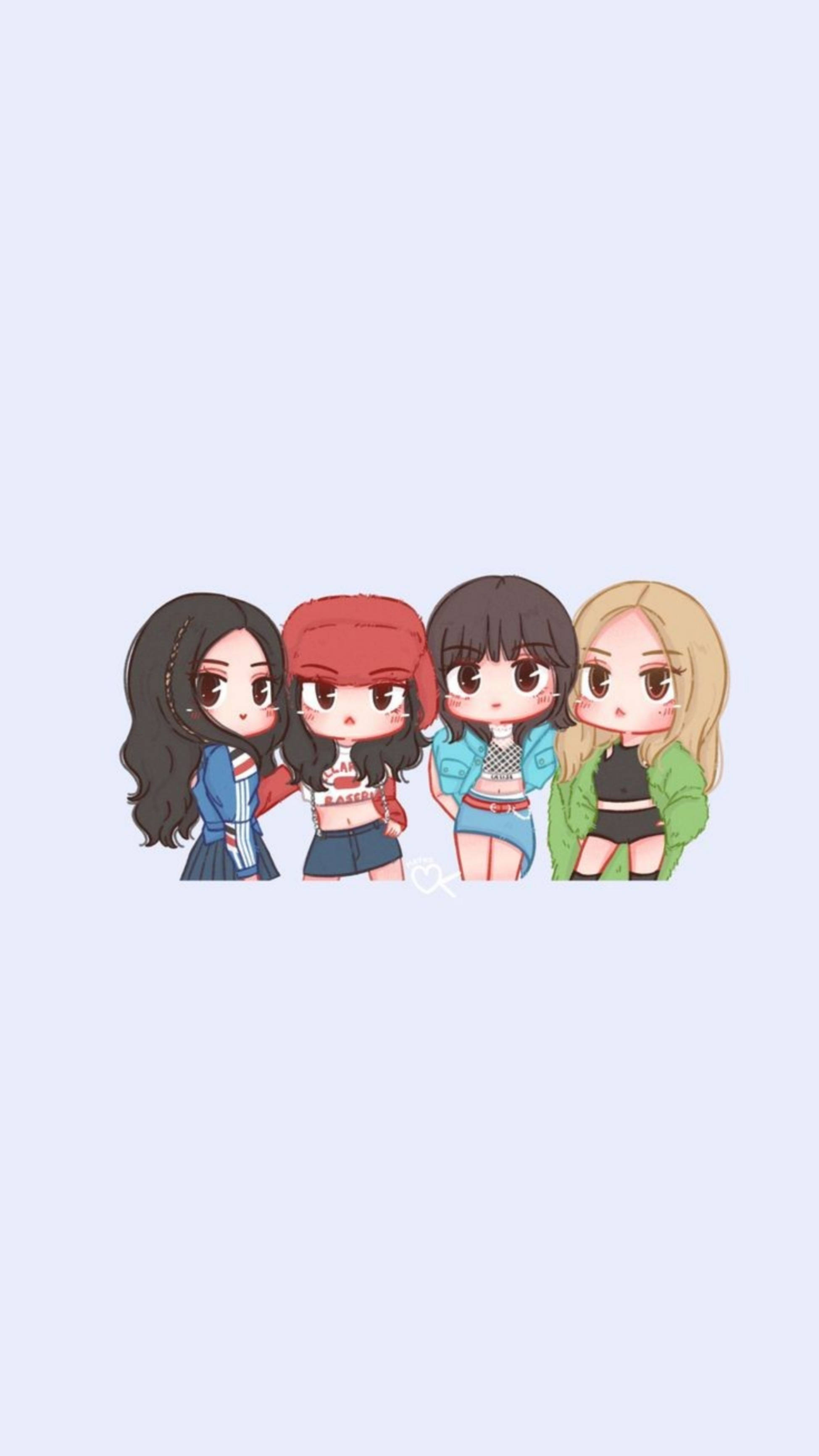 BLACKPINK 桌布 壁紙 — 四個不同髮色和服裝的Q版動漫女孩，站在柔和的薰衣草背景前。