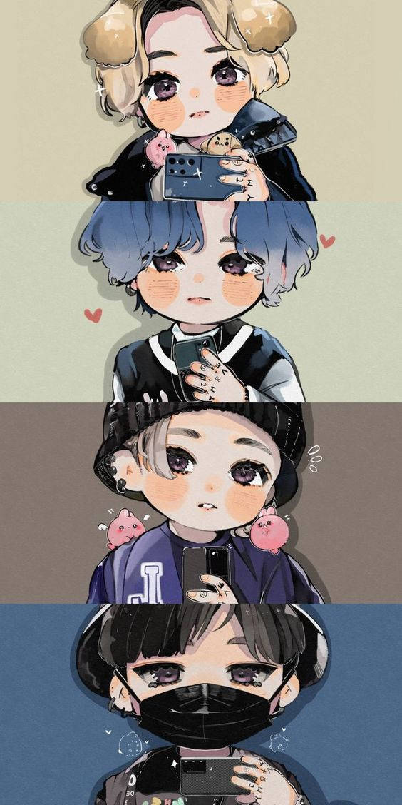 Bts Suga Aesthetic 桌布 壁紙 — 四個不同髮色和服裝的Q版動漫角色在粉彩背景前用手機自拍。