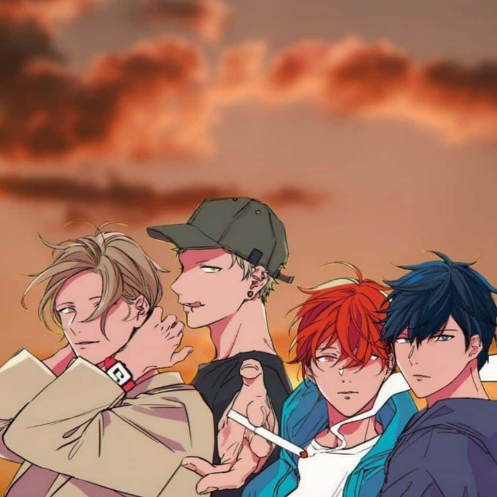 動漫男孩 桌布 壁紙 — 四個不同髮色的動畫男孩一起站在火熱的橙色日落天空前。