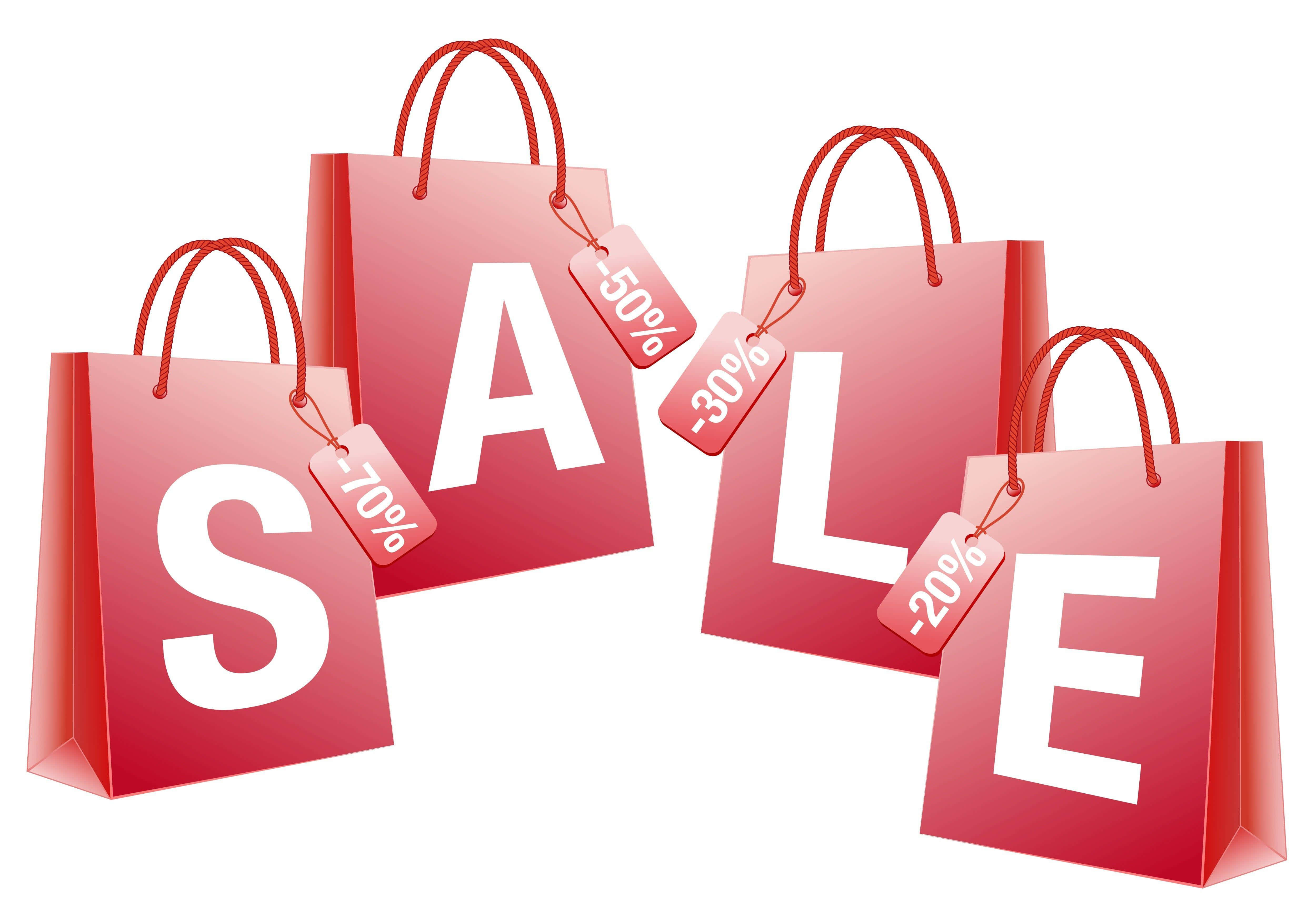 Sales 桌布 壁紙 — 四個亮面紅色購物袋拼出SALE字樣，附有顯示70%、50%、30%和20%折扣的標籤。