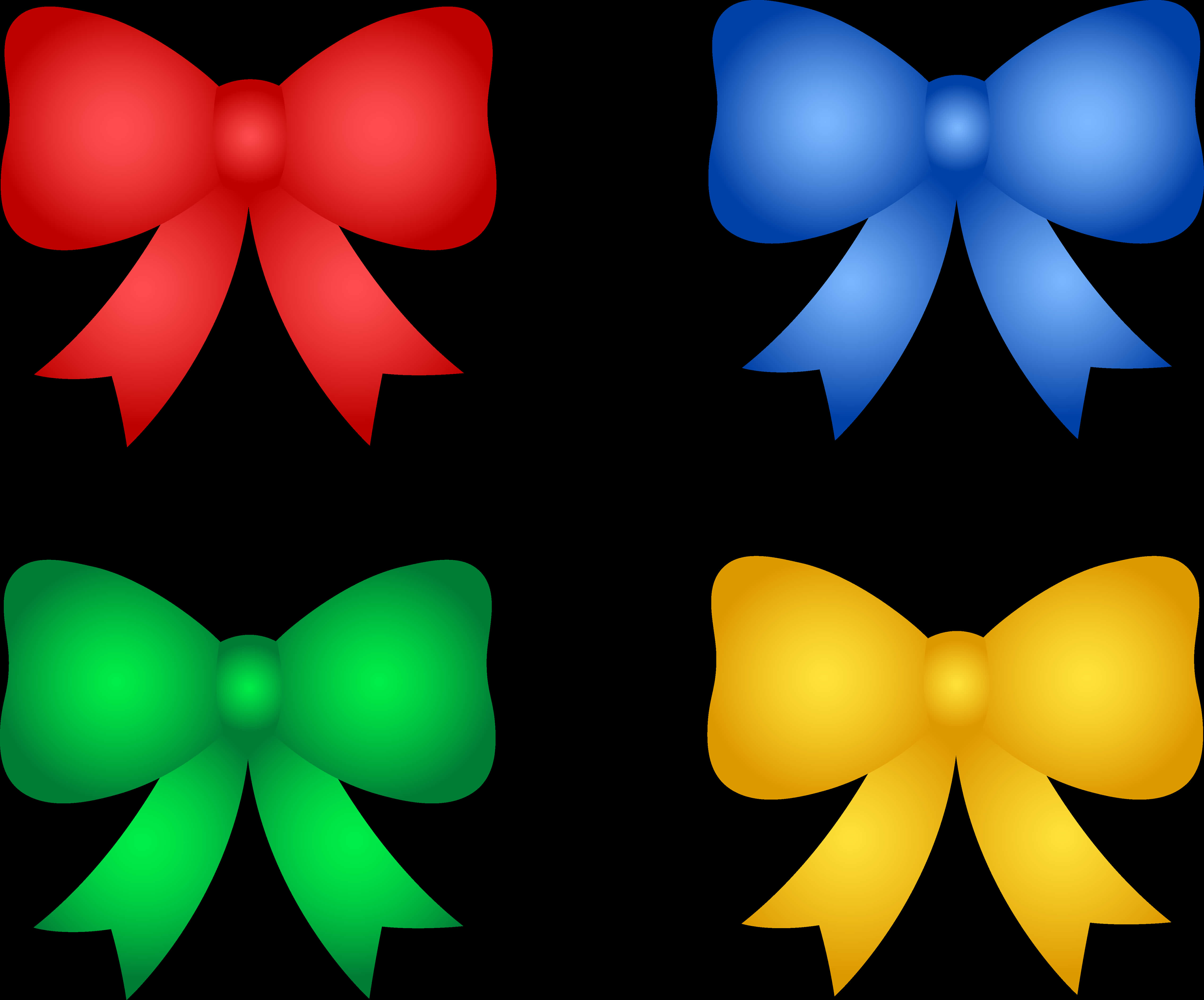 Ribbon Banner 桌布 壁紙 — 四個亮面蝴蝶結，分別為紅色、藍色、綠色和黃色，漂浮在純黑背景上。