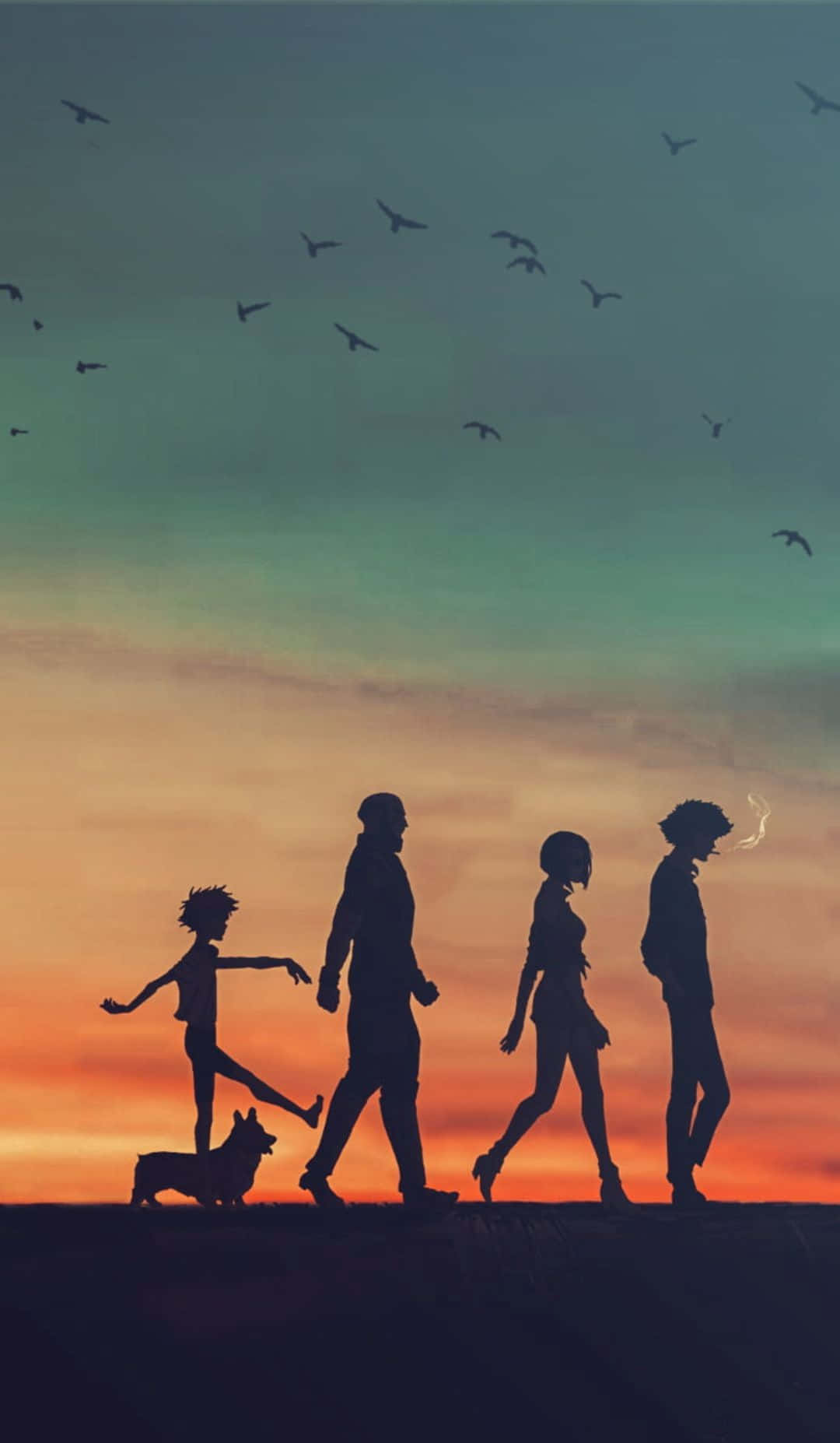 桌布 壁紙 — 四個人和一隻狗的剪影沿著懸崖行走，夕陽西下，鳥兒在頭頂飛翔。