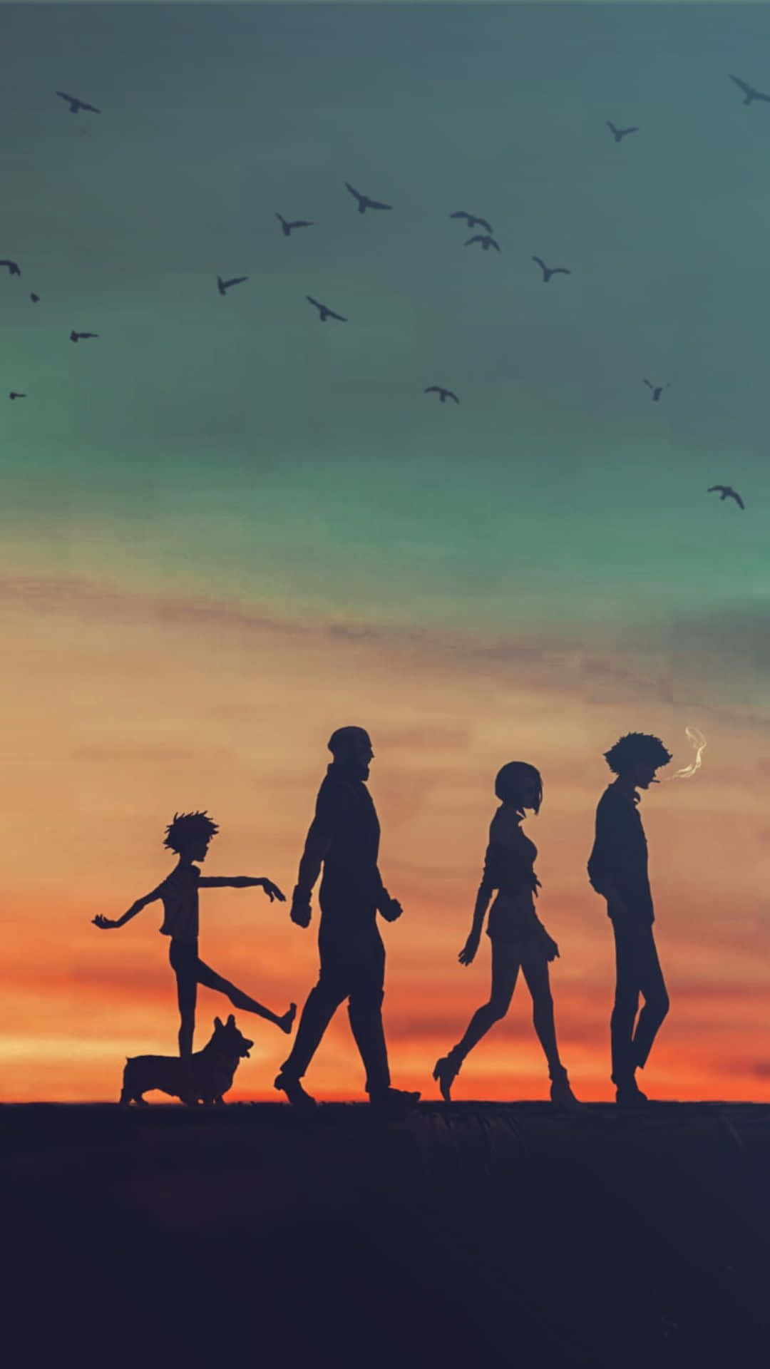 星際牛仔 桌布 壁紙 — 四個人和一隻狗的剪影沿著懸崖邊行走，鳥兒在 vibrant 的日落天空中翱翔。