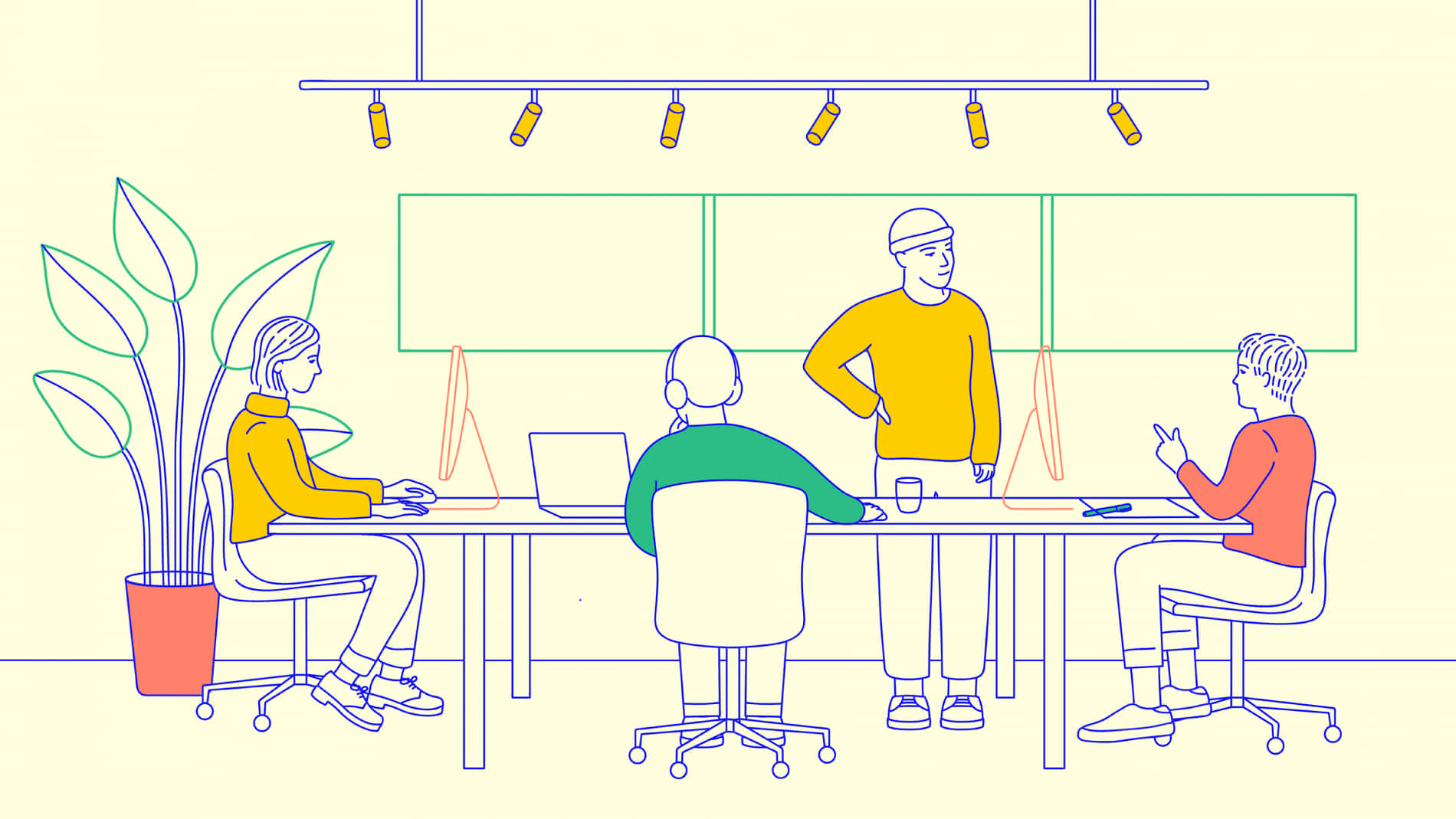 Working 桌布 壁紙 — 四個人在現代辦公室中圍繞一張桌子協作，桌上有筆記型電腦和盆栽植物，上方有吊燈。