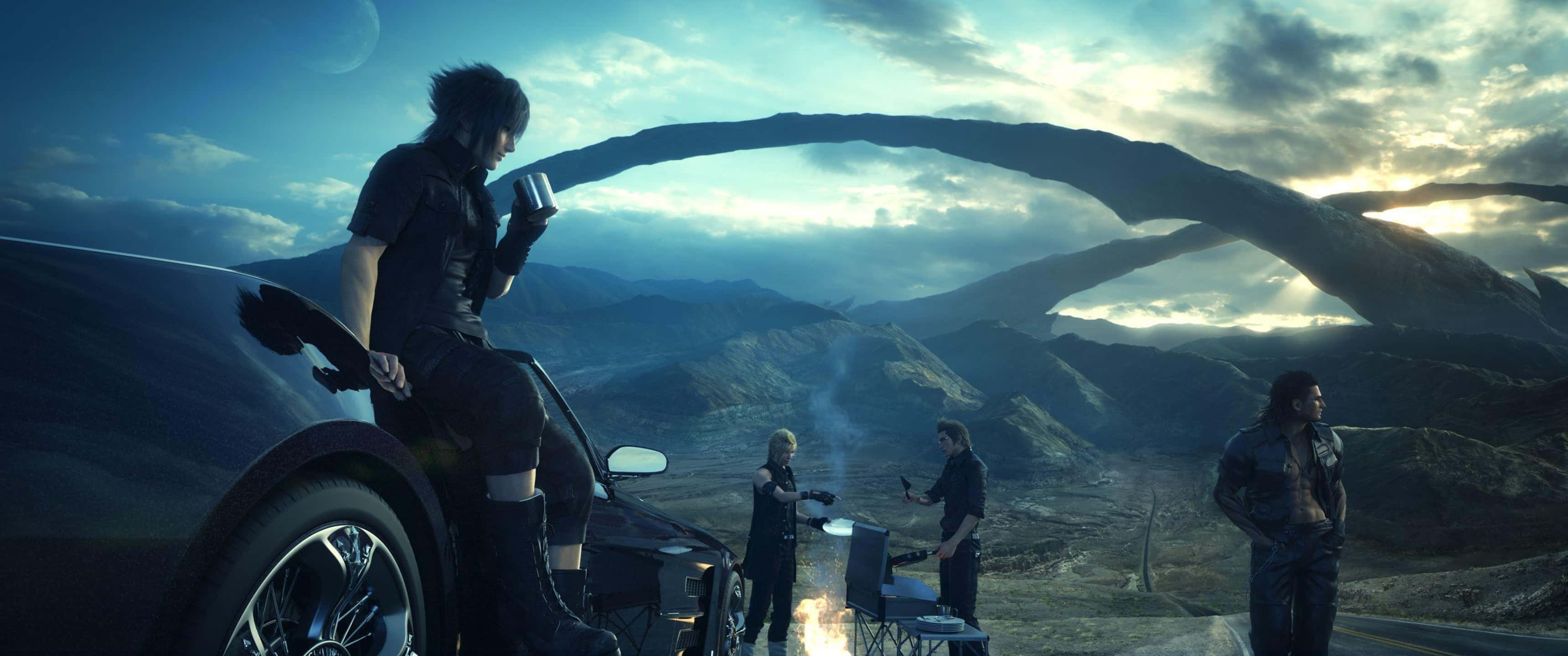 3440x1440p Final Fantasy Xv 桌布 壁紙 — 四個人物在廣闊的山景中，在一輛車旁放鬆，頭頂上有巨大的拱形結構，天空戲劇性十足。