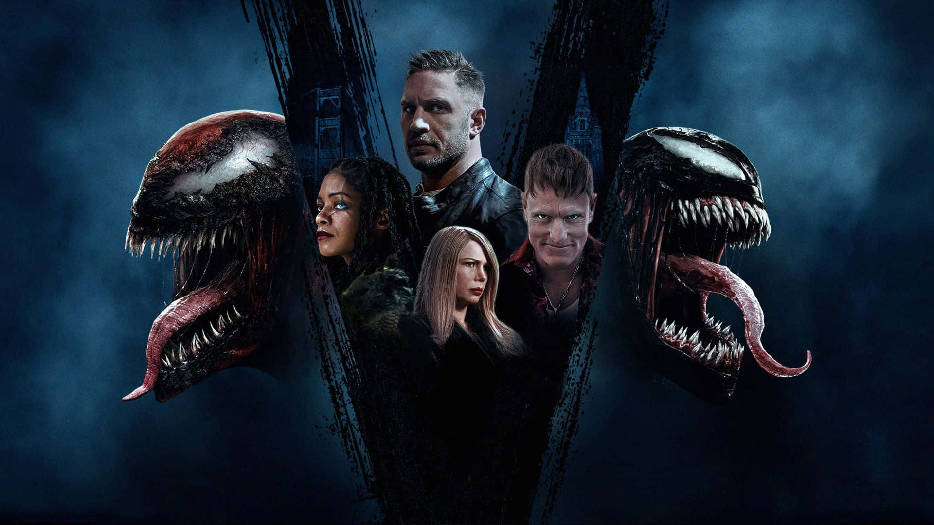 Tom Hardy Venom 桌布 壁紙 — 四個人類被兩個威脅性的毒液共生體夾擊，背景是黑暗風暴。
