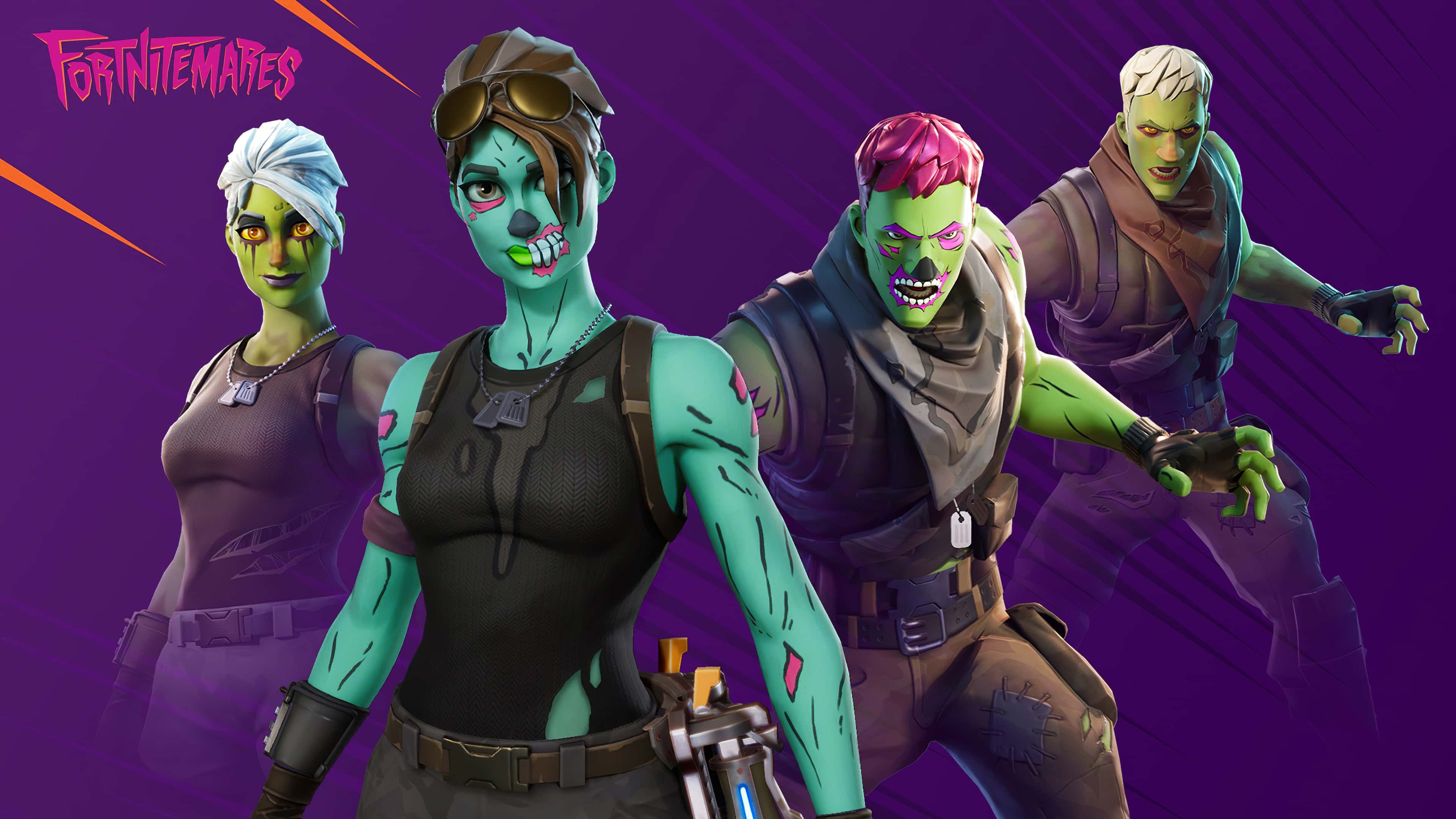 Cool Ghoul Trooper 桌布 壁紙 — 四個以殭屍為主題的 Fortnite 角色，在帶有對角線條紋的鮮豔紫色背景上擺出動態姿勢。