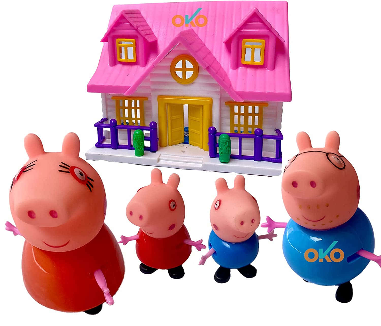 Peppa Pig Family 桌布 壁紙 — 四個佩佩豬玩具公仔站在一個帶有紫色欄杆的粉紅色和黃色塑膠屋前。