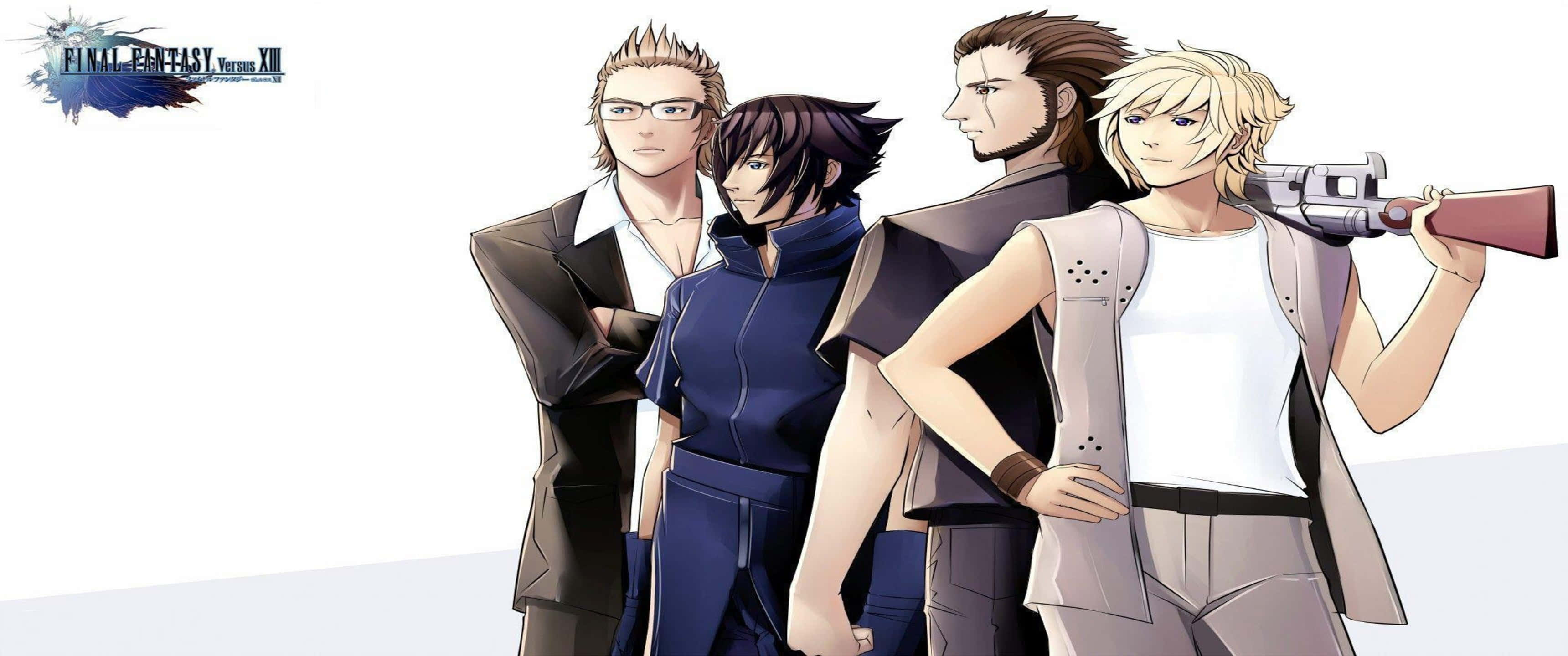 3440x1440p Final Fantasy Xv 桌布 壁紙 — 四個來自《Final Fantasy XIII》的動漫角色自信地站在純白背景前，其中一個手持步槍。