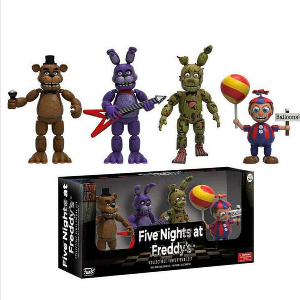 Five Nights At Freddys 桌布 壁紙 — 四個來自《Five Nights at Freddy's》的恐怖機械動畫人偶站在它們的收藏版乙烯基盒子上方，背景為純白色。