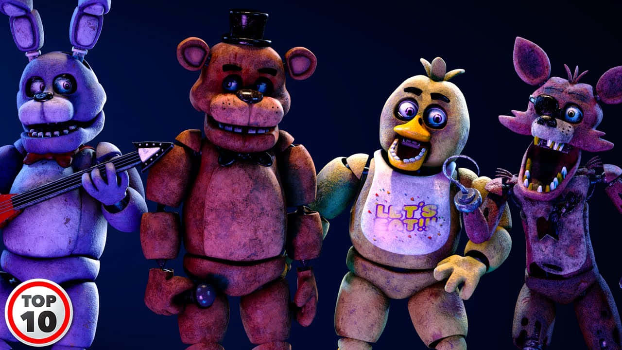 佛萊迪餐館之五夜驚魂 桌布 壁紙 — 四個來自《Five Nights at Freddy's》的破舊電子動畫角色在深藍色背景下威嚇地站立。