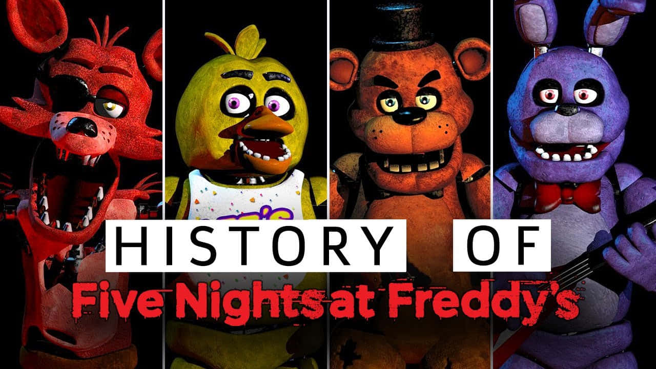 Five Nights At Freddys 桌布 壁紙 — 四個來自《Five Nights at Freddy's》的威脅性電子動畫角色，在黑色背景上以發光的眼睛凝視。