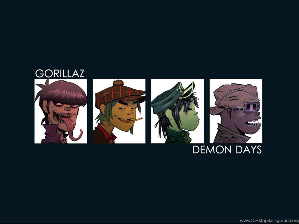 街頭霸王 桌布 壁紙 — 四個來自 Gorillaz 專輯《Demon Days》的風格化卡通樂團成員在深色背景上展示。