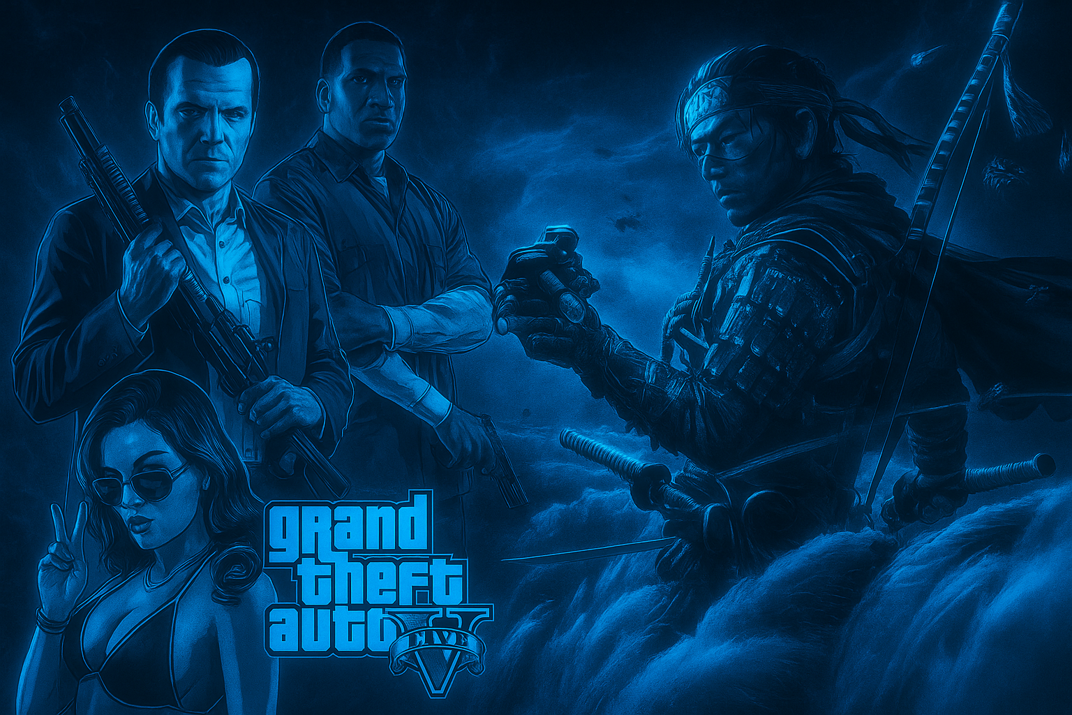 對馬戰鬼 桌布 壁紙 — 四個來自《Grand Theft Auto V》的角色站在風暴般的藍色燈光場景中，手持武器和手榴彈。