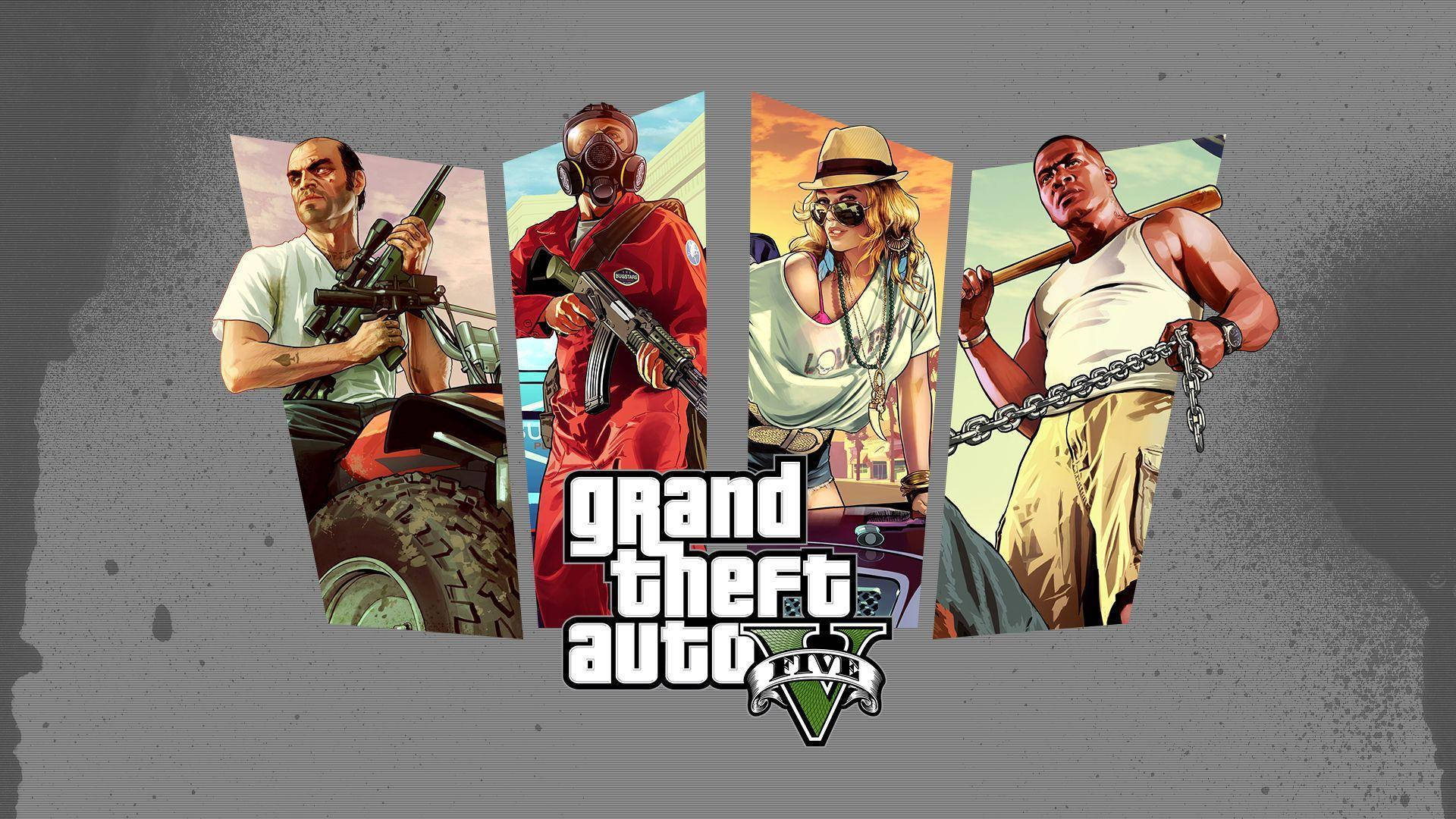 Gta 桌布 壁紙 — 四個來自《Grand Theft Auto V》的風格化角色，在粗糙的灰色背景前擺出姿勢，手持武器和車輛。