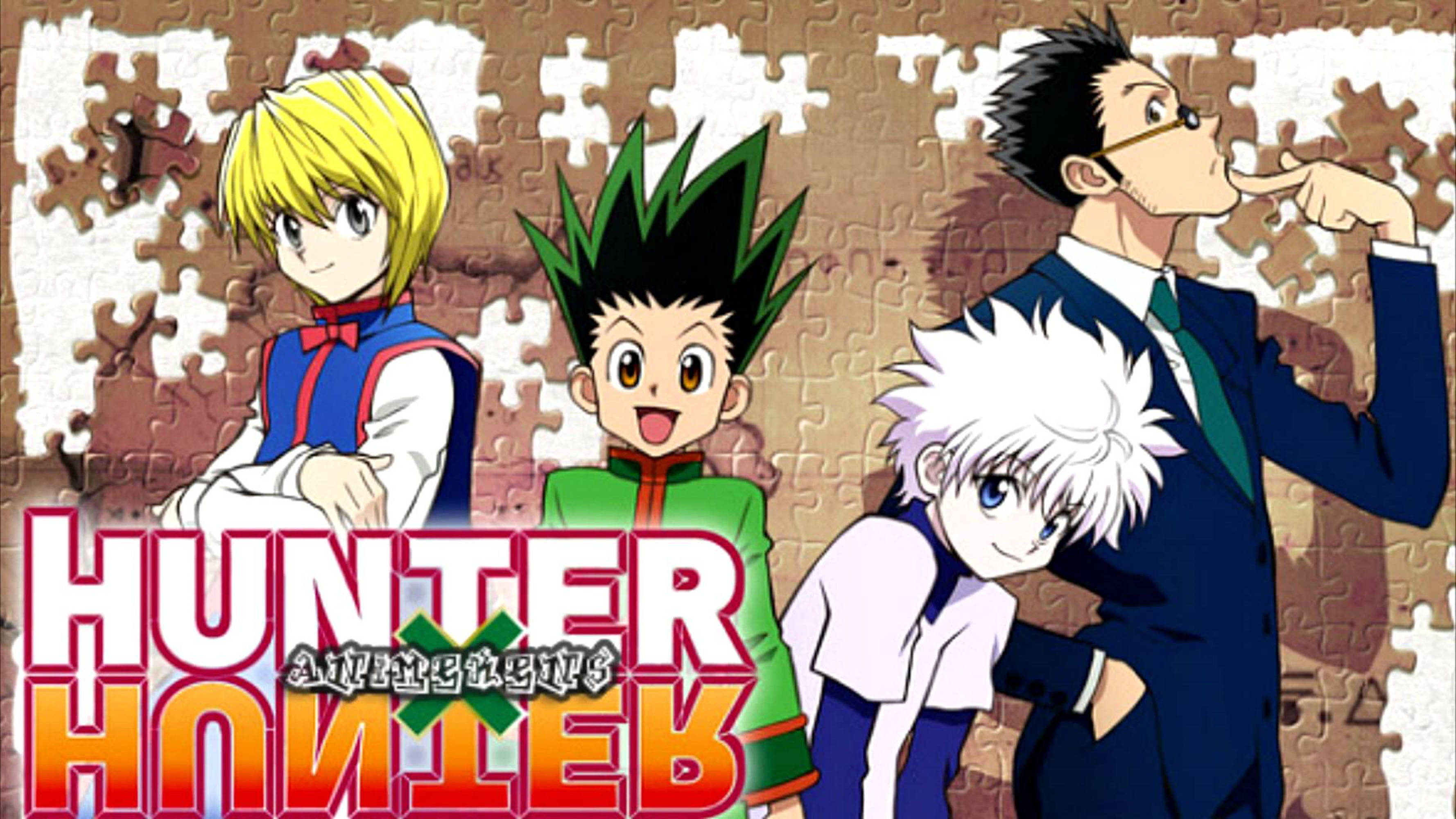 Hunter X Hunter 4K 桌布 壁紙 — 四個來自《Hunter x Hunter》的動漫角色站在拼圖背景前，節目名稱以粗體紅色字母顯示。