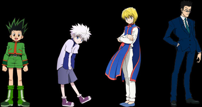 獵人 x 獵人 桌布 壁紙 — 四個來自《Hunter x Hunter》的動漫角色站在黑色背景前，各自穿著不同的服裝和擺出不同的姿勢。
