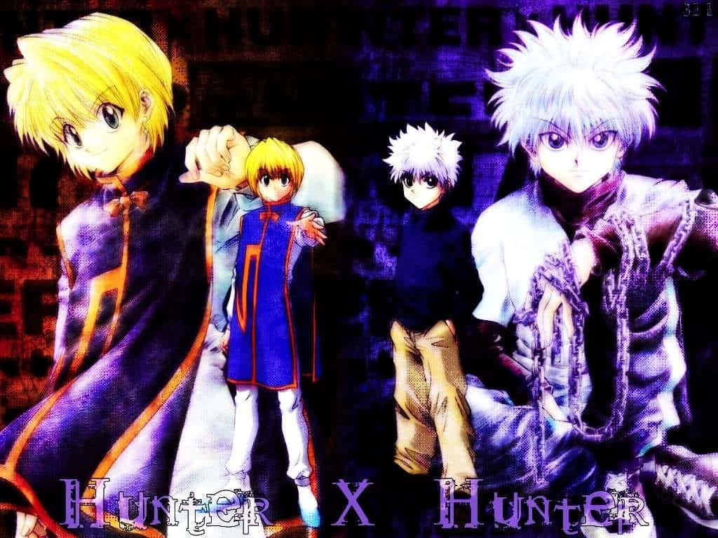 桌布 壁紙 — 四個來自《Hunter X Hunter》的動漫角色站在一個風格化的紫色和橙色場景中，帶有戲劇性的燈光。