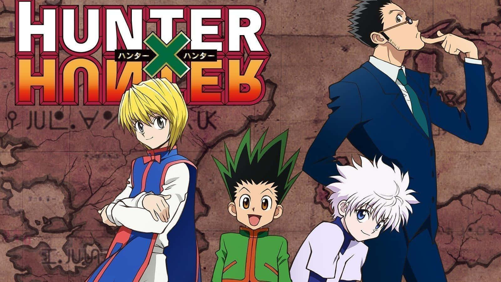 四個來自《Hunter x Hunter》的動漫角色在一張破裂的地圖前與節目名稱合影。 — 獵人 x 獵人 GIF 壁紙