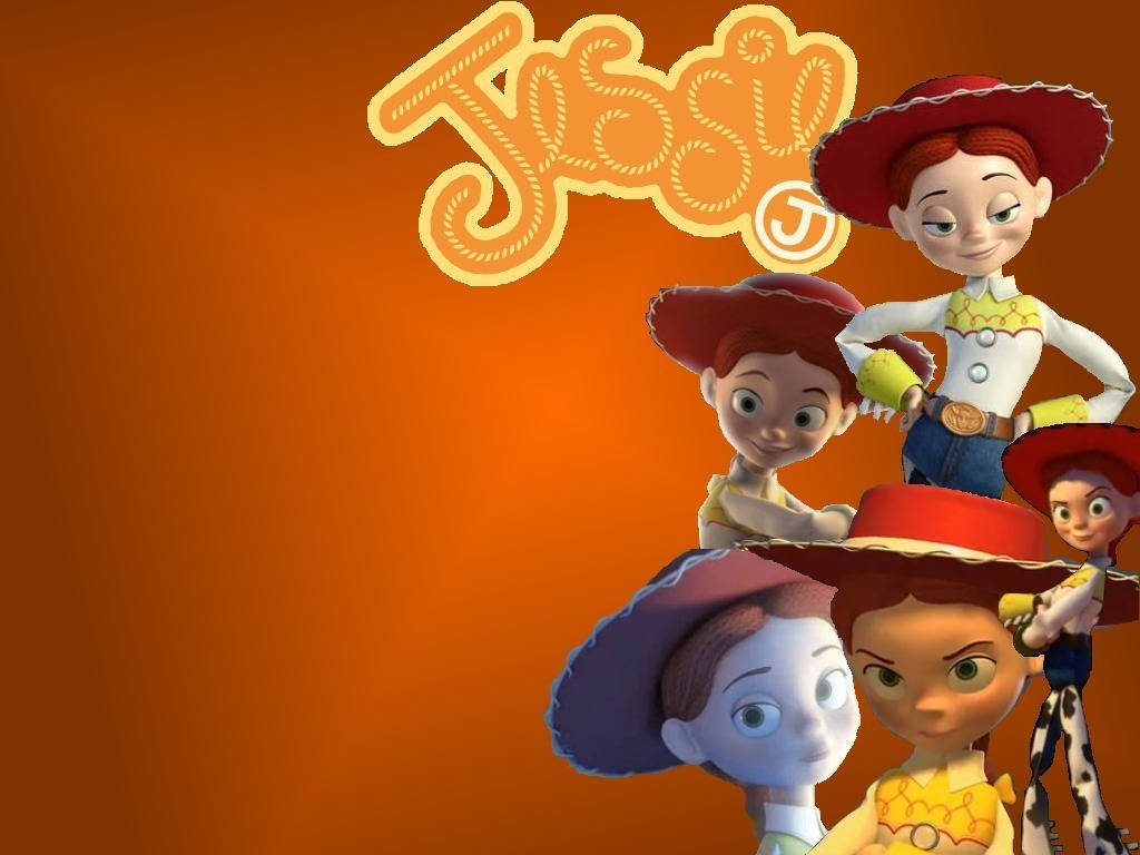 玩具總動員 桌布 壁紙 — 四個來自《Jessie》的動畫女牛仔角色在溫暖的橙色漸變背景和風格化標誌前自信地擺姿勢。