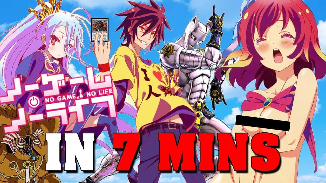 動漫 桌布 壁紙 — 四個來自《No Game No Life》的動漫角色在明亮的藍天下動態擺姿勢，帶有粗體文字疊加。
