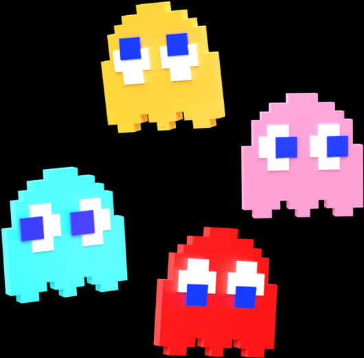 Cartoon 桌布 壁紙 — 四個來自 Pac-Man 的彩色像素鬼魂在黑色背景上以經典 8-bit 風格漂浮。