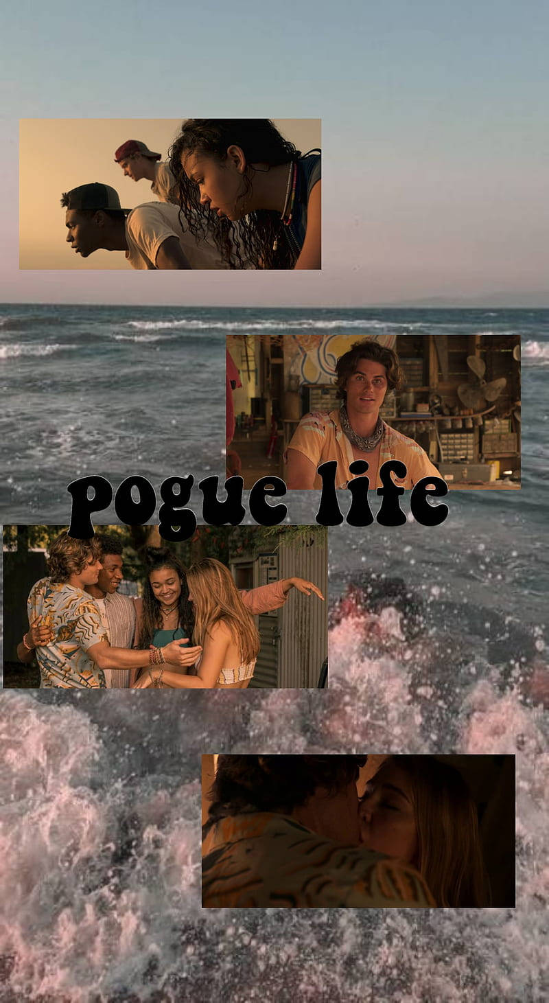 Banks 桌布 壁紙 — 四個來自「Pogue Life」拼貼的電影場景，以日落時分拍打的海浪為背景。