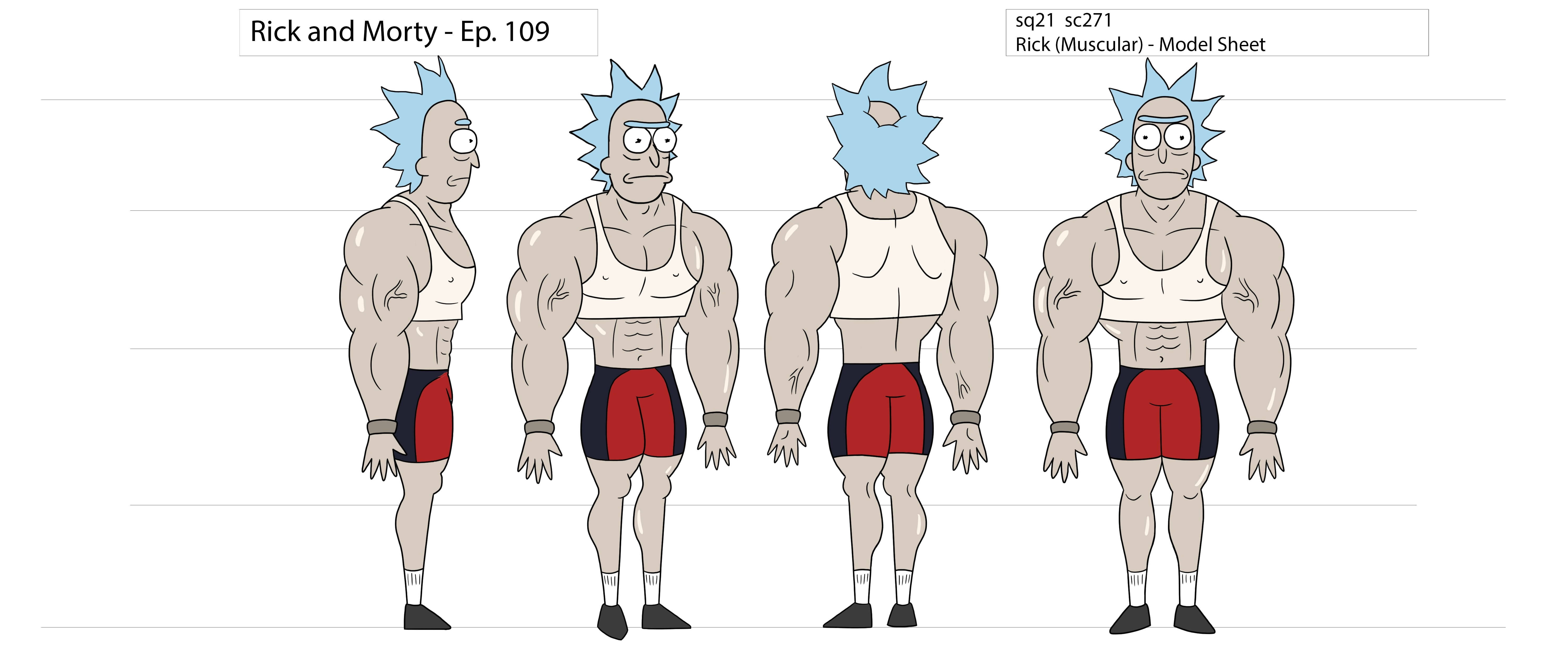 瑞克和莫蒂 桌布 壁紙 — 四個來自《Rick and Morty》的肌肉發達的瑞克，以前後視圖展示，穿著紅色和黑色短褲。