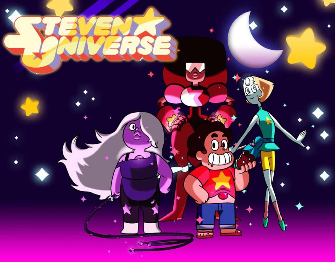 Steven Universe iPad 桌布 壁紙 — 四個來自《史帝芬宇宙》的動畫角色在星空下站在一起，背景有新月和閃爍的星星。