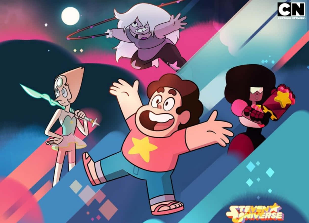 Steven Universe iPad 桌布 壁紙 — 四個來自《史帝芬宇宙》的動畫角色在發光霓虹條紋和滿月的宇宙背景下動態跳躍。