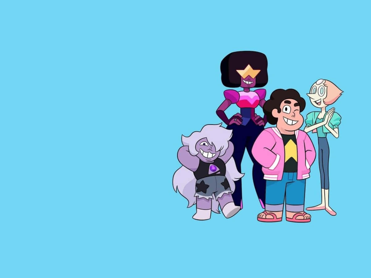 Steven Universe iPad 桌布 壁紙 — 四個來自《史帝芬宇宙》的動畫角色站在純淺藍色背景前。