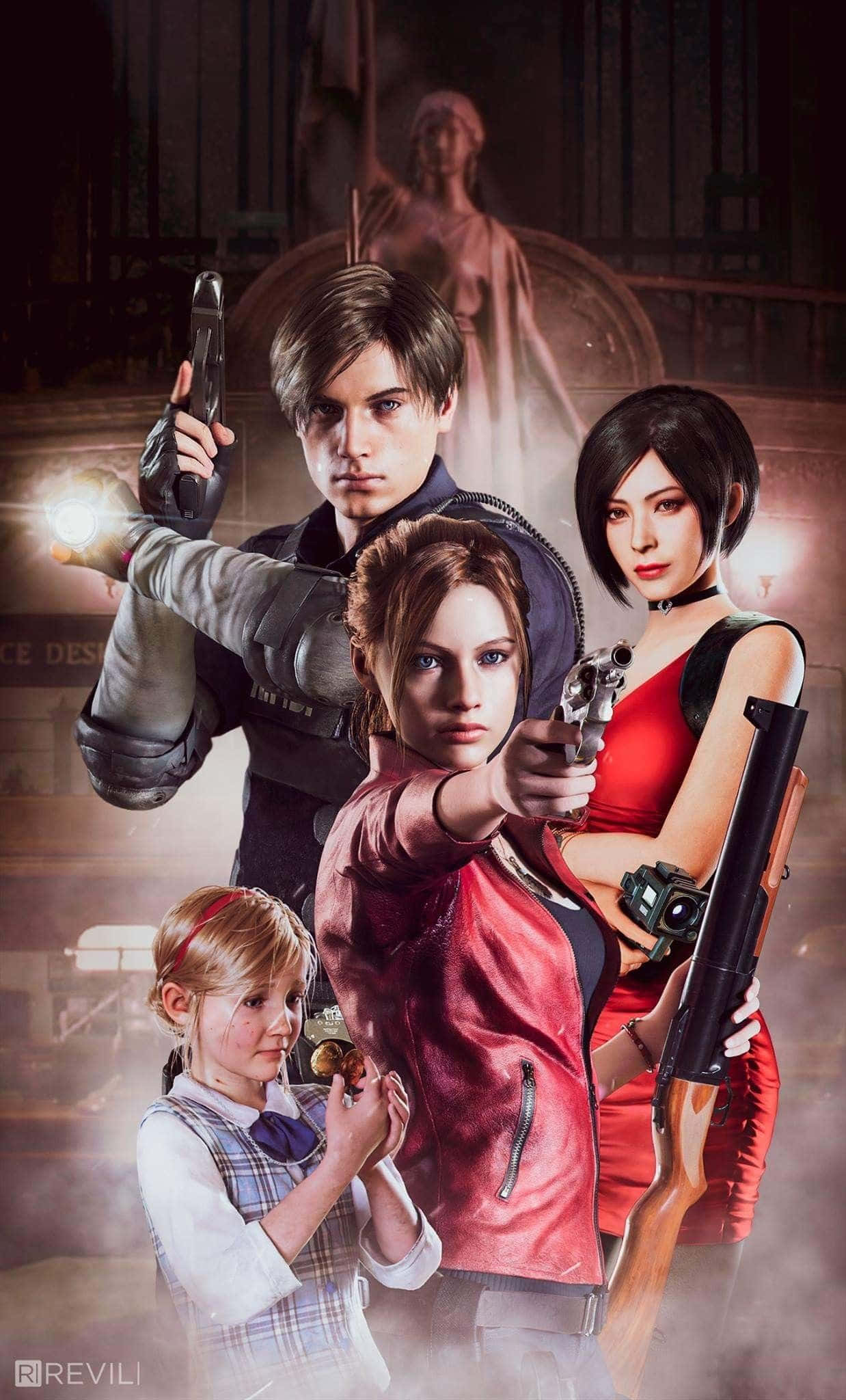 Resident Evil 2 桌布 壁紙 — 四個來自《惡靈古堡》的角色在昏暗的哥德式大教堂中手持武器準備就緒。
