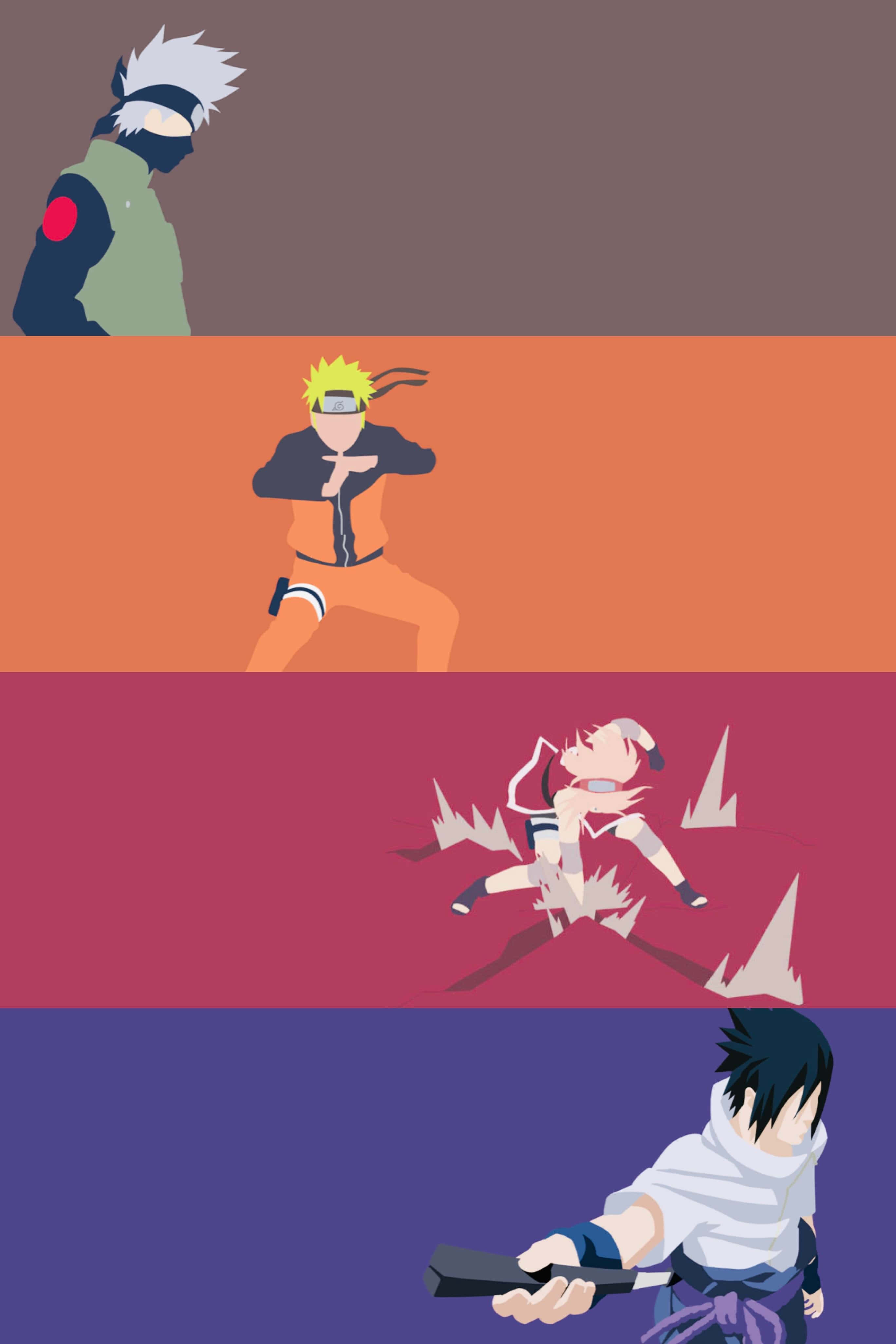 Naruto Team 7 桌布 壁紙 — 四個來自《火影忍者》的動漫角色以極簡風格在純色背景上動態擺姿勢。