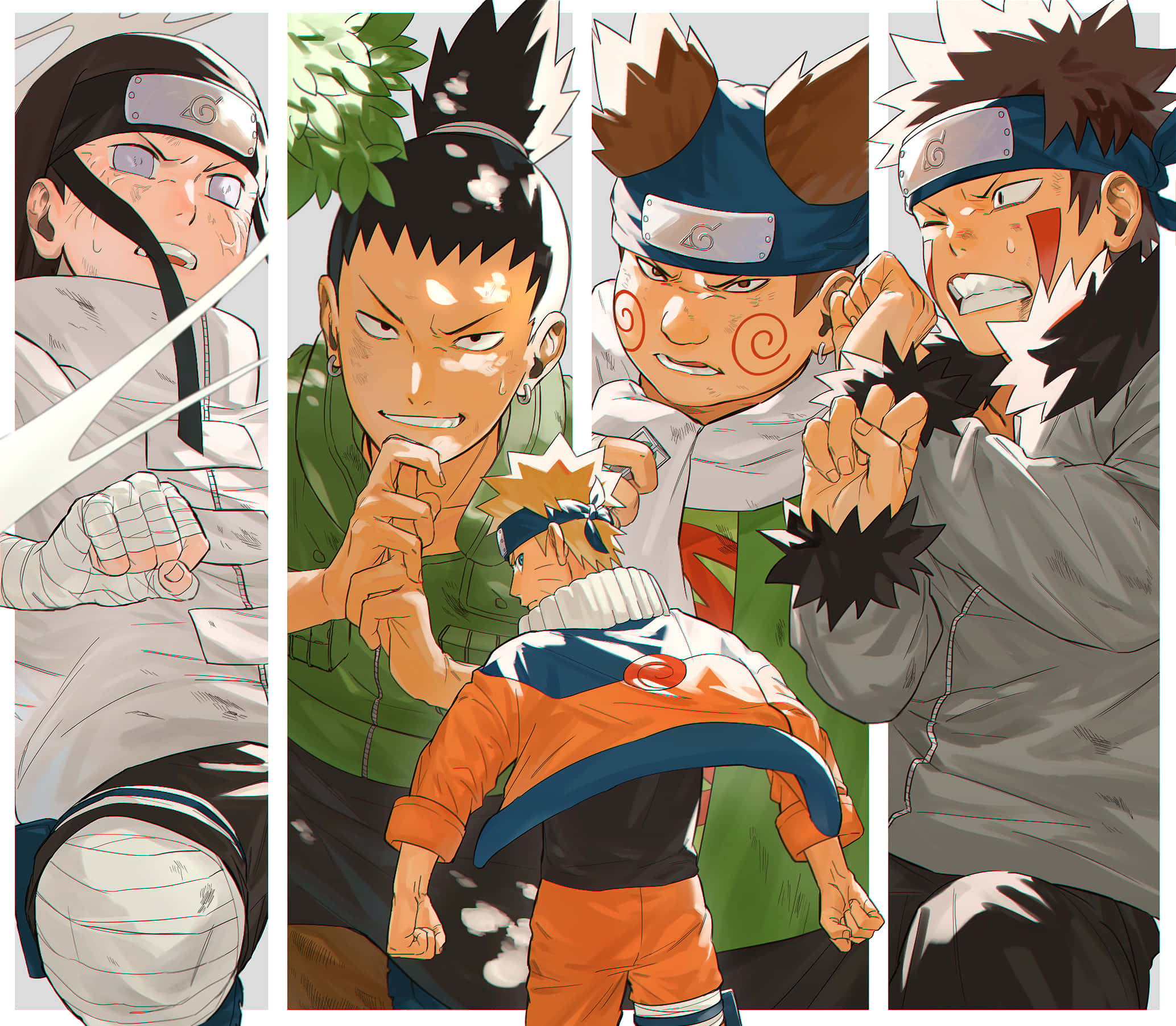 Shikamaru Nara 桌布 壁紙 — 四個來自《火影忍者》的堅定忍者角色以動態姿勢站立，表情強烈，姿態備戰。