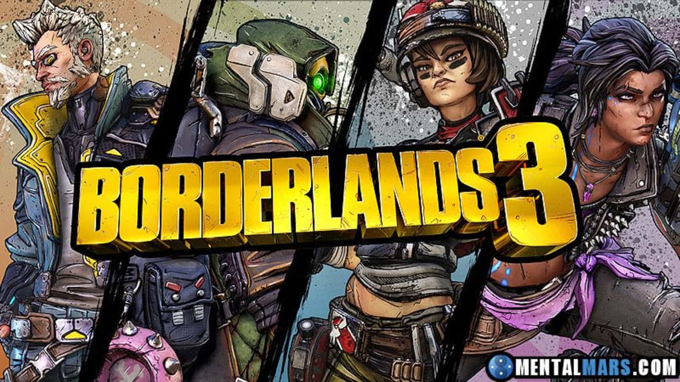 1366x768 Borderlands 3 桌布 壁紙 — 四個來自《邊緣禁地3》的風格化電子遊戲角色，以粗獷的漫畫風格站立，並帶有粗體黃色標題文字。