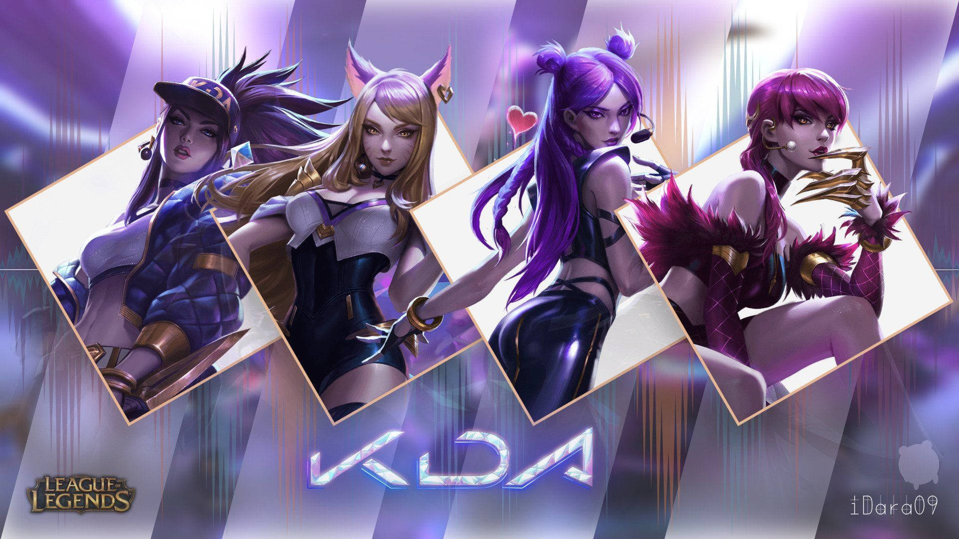 Kda 桌布 壁紙 — 四個來自KDA的風格化女性角色，鑲嵌在鑽石框架中，背景是發光的紫色和藍色幾何圖案。