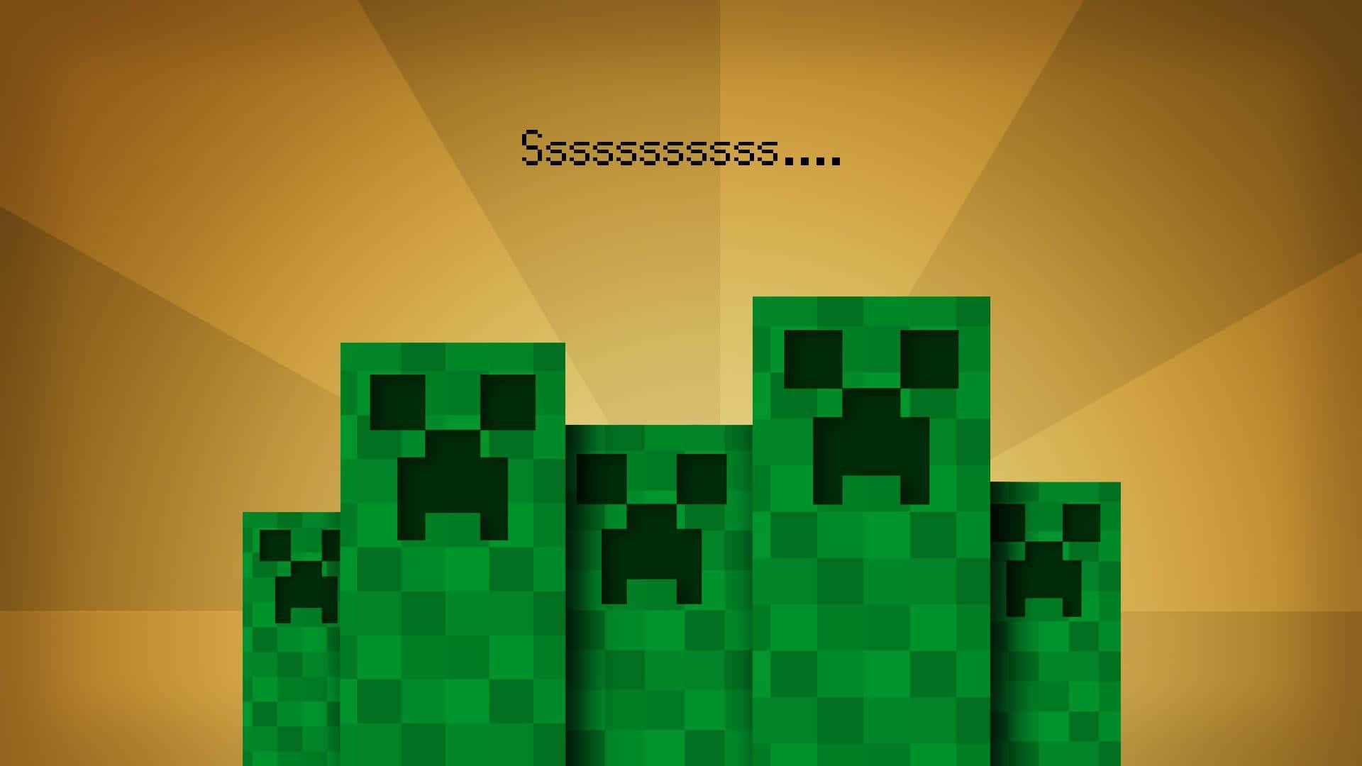 可愛 Minecraft 桌布 壁紙 — 四個來自Minecraft的像素化綠色爬行者，在閃耀的金色背景上發出嘶嘶聲效果，威嚇地站立。