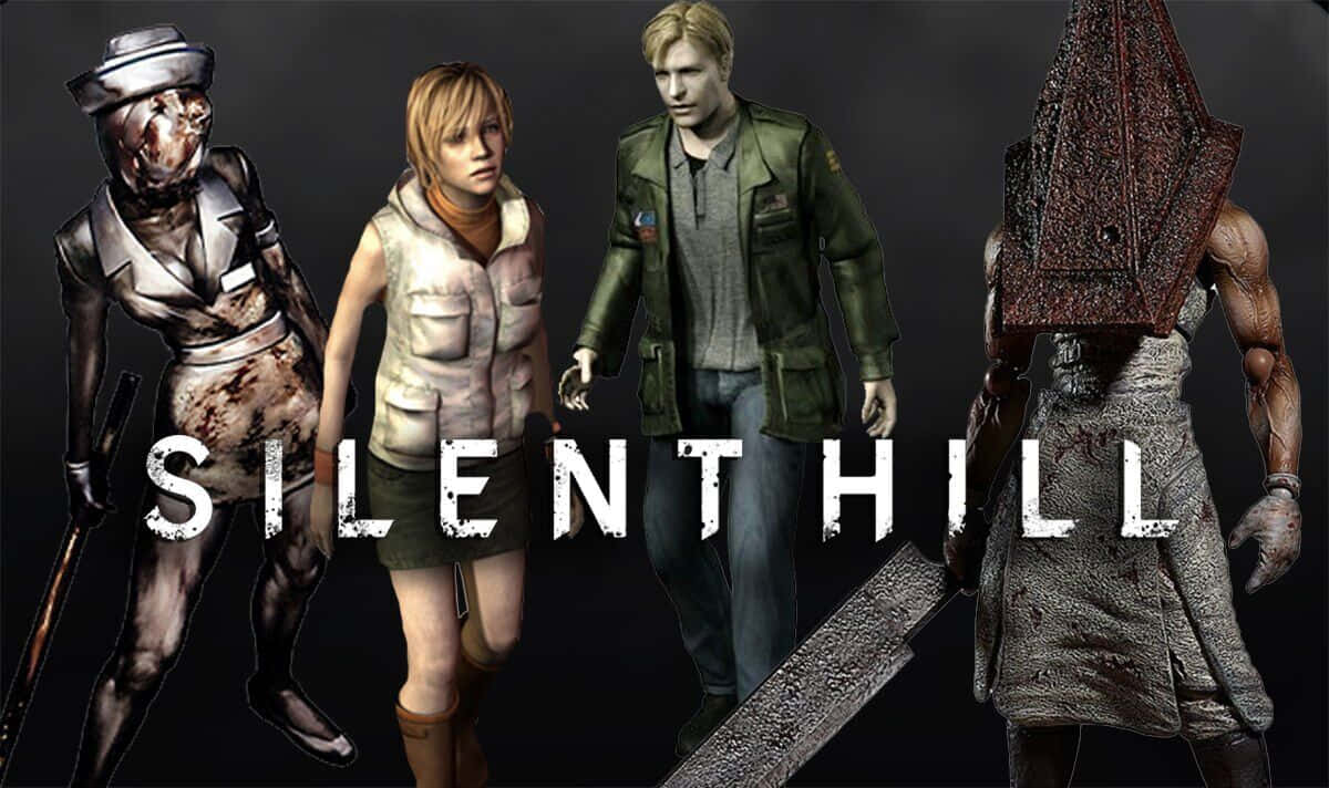 Silent Hill Characters 桌布 壁紙 — 四個來自寂靜嶺的詭異角色站在黑暗背景前，標題以磨損的白色字體呈現。
