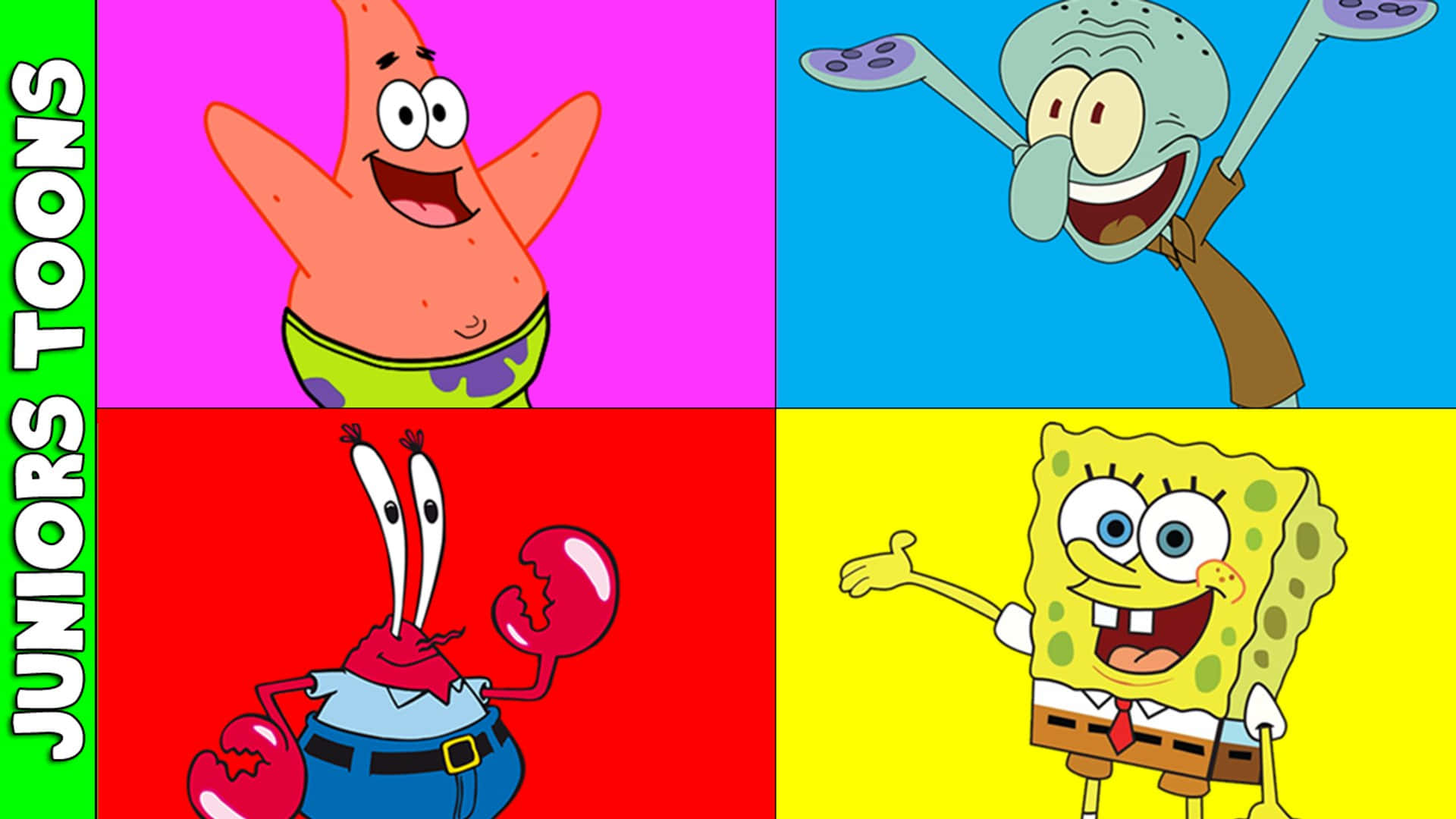 Spongebob Characters 桌布 壁紙 — 四個來自海綿寶寶的歡樂卡通角色在鮮豔的彩色背景上燦爛微笑。