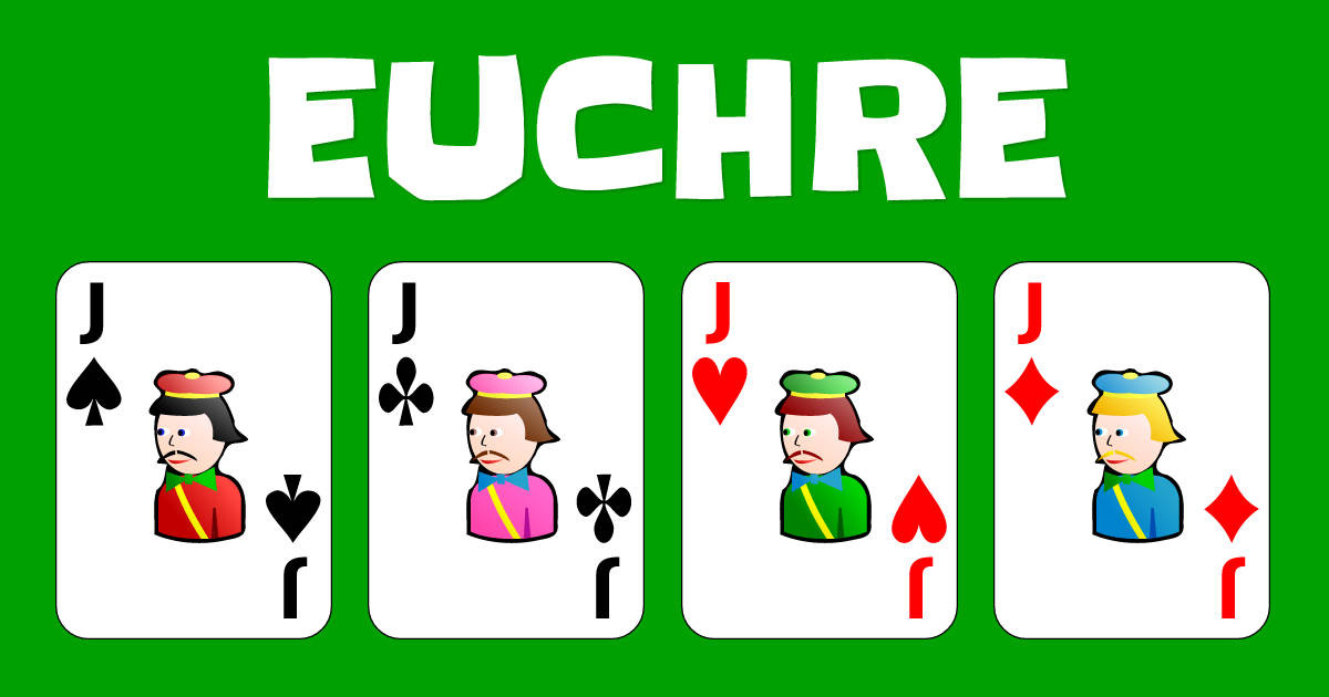 Playing Cards 桌布 壁紙 — 四個來自紙牌遊戲尤克爾的彩色卡通傑克，顯示在亮綠色背景上，並以粗體白色字母寫著「euchre」。