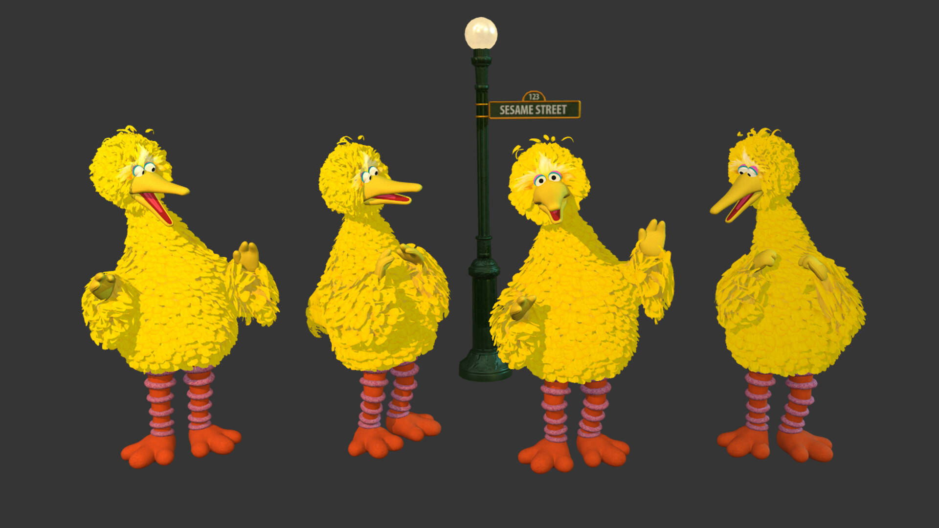 Big Bird 桌布 壁紙 — 四個來自芝麻街的 3D 渲染大鳥角色在一個帶有標誌的路燈周圍擺姿勢。