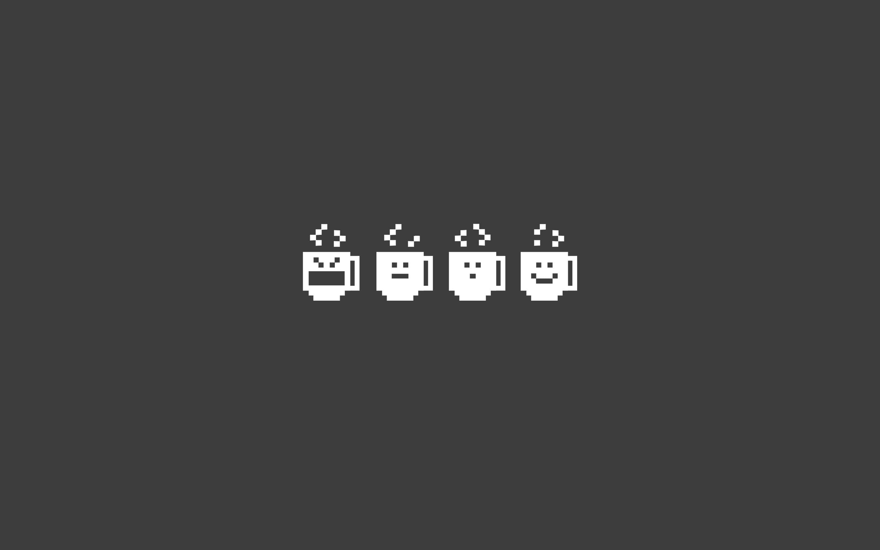 Minimalist Coffee 桌布 壁紙 — 四個像素化咖啡杯，帶有表情豐富的臉孔，蒸氣在深灰色背景上升起。
