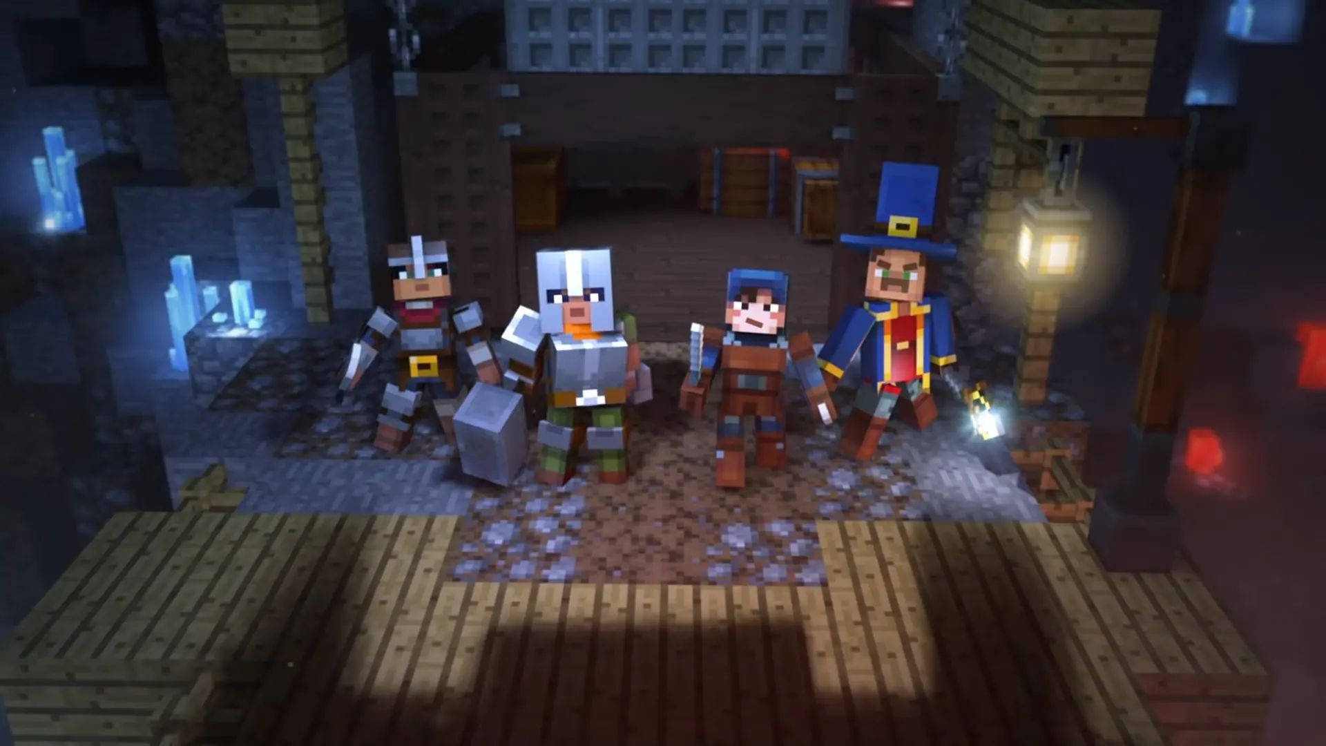 電玩遊戲 桌布 壁紙 — 四個像素化的Minecraft冒險者站在一個光線昏暗的木製地牢中，發光的晶體和燈籠投射出溫暖的光芒。