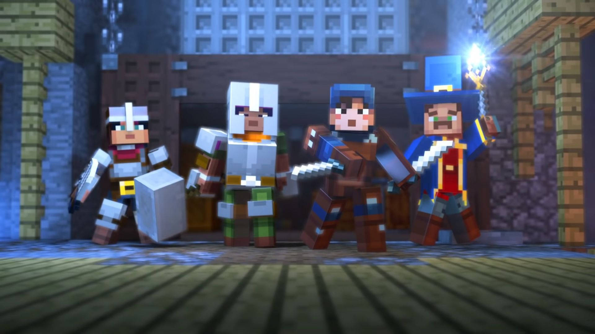 電玩遊戲 桌布 壁紙 — 四個像素化的Minecraft冒險者站在石頭走廊中，其中一人揮舞著發光的劍。