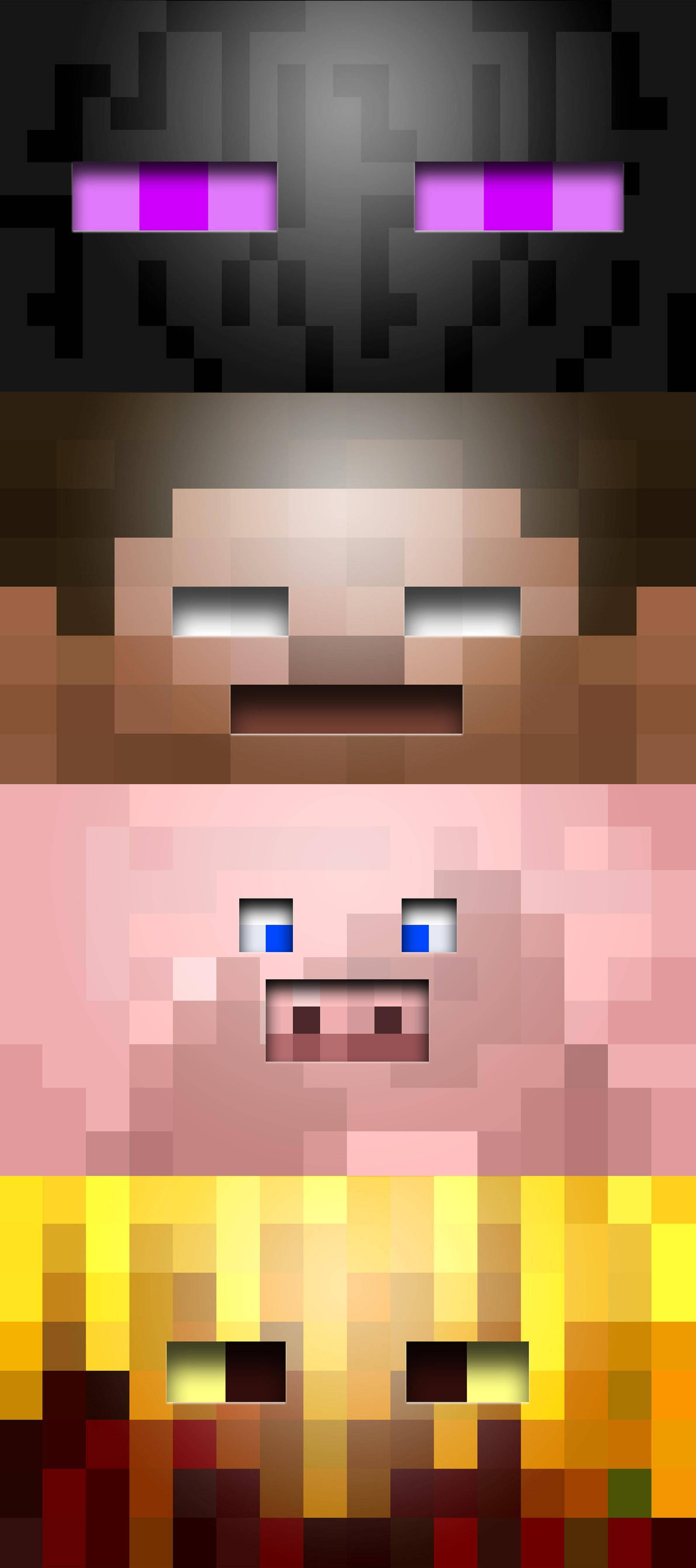 我的世界 高畫質壁紙 桌布 壁紙 — 四個像素化的Minecraft生物垂直堆疊，各有獨特的顏色和表情。