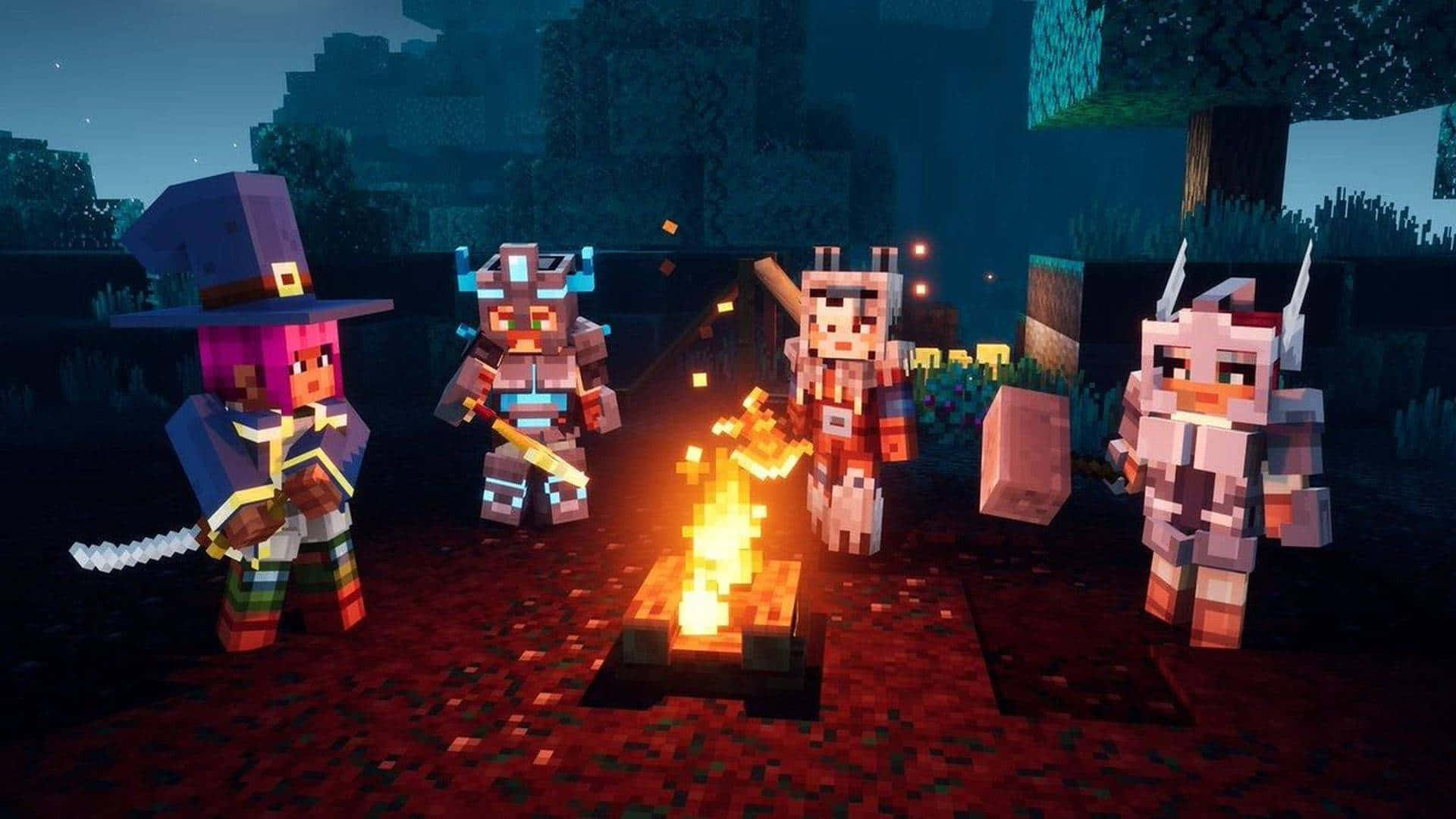 Minecraft Villagers 桌布 壁紙 — 四個像素化的Minecraft角色在夜晚的黑暗森林中圍繞著一個發光的營火。